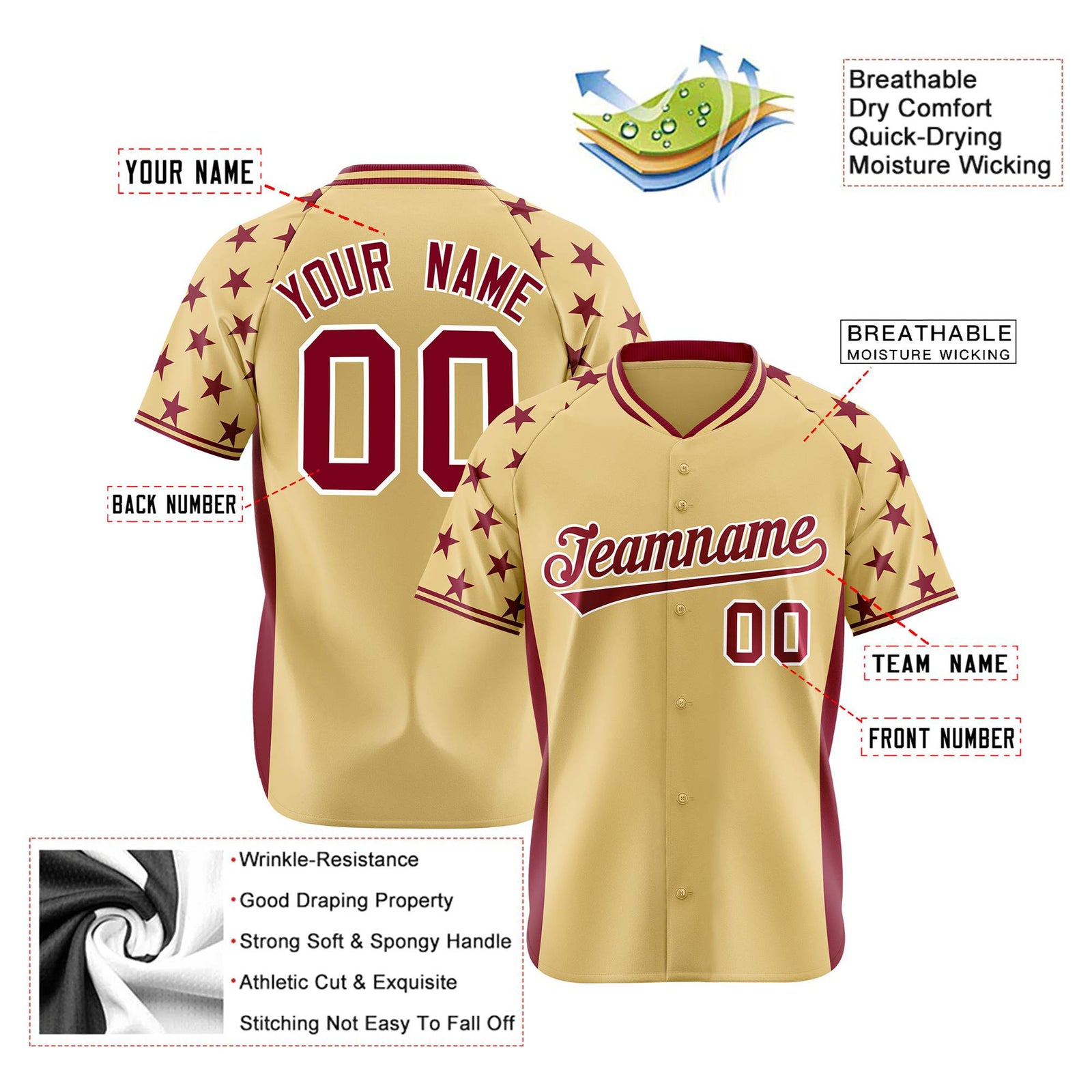 Custom Khaki Crimson Gradient Side Personalized Star Pattern Authentic Baseball Jersey