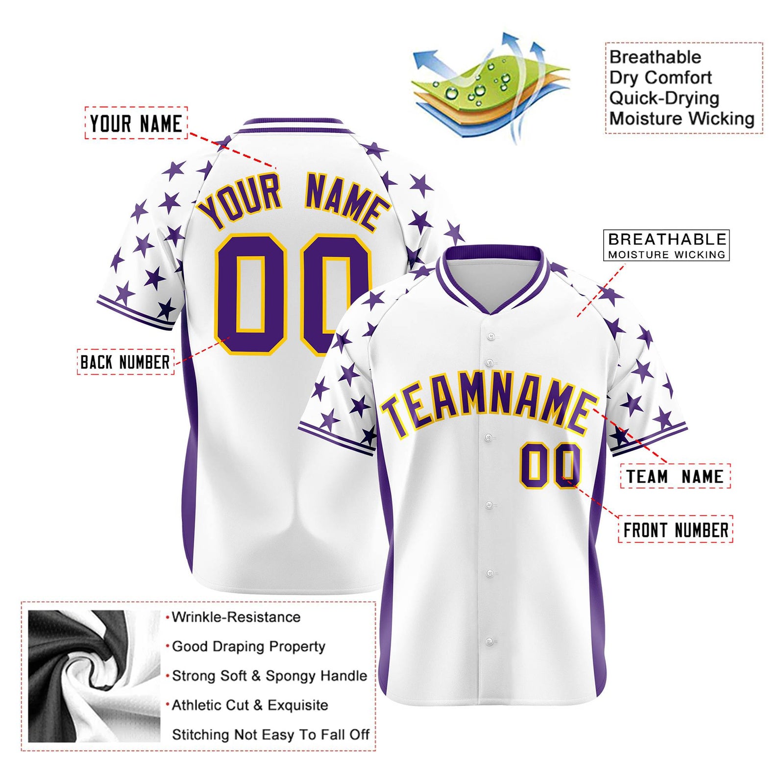 Custom White Purple Gradient Side Personalized Star Pattern Authentic Baseball Jersey