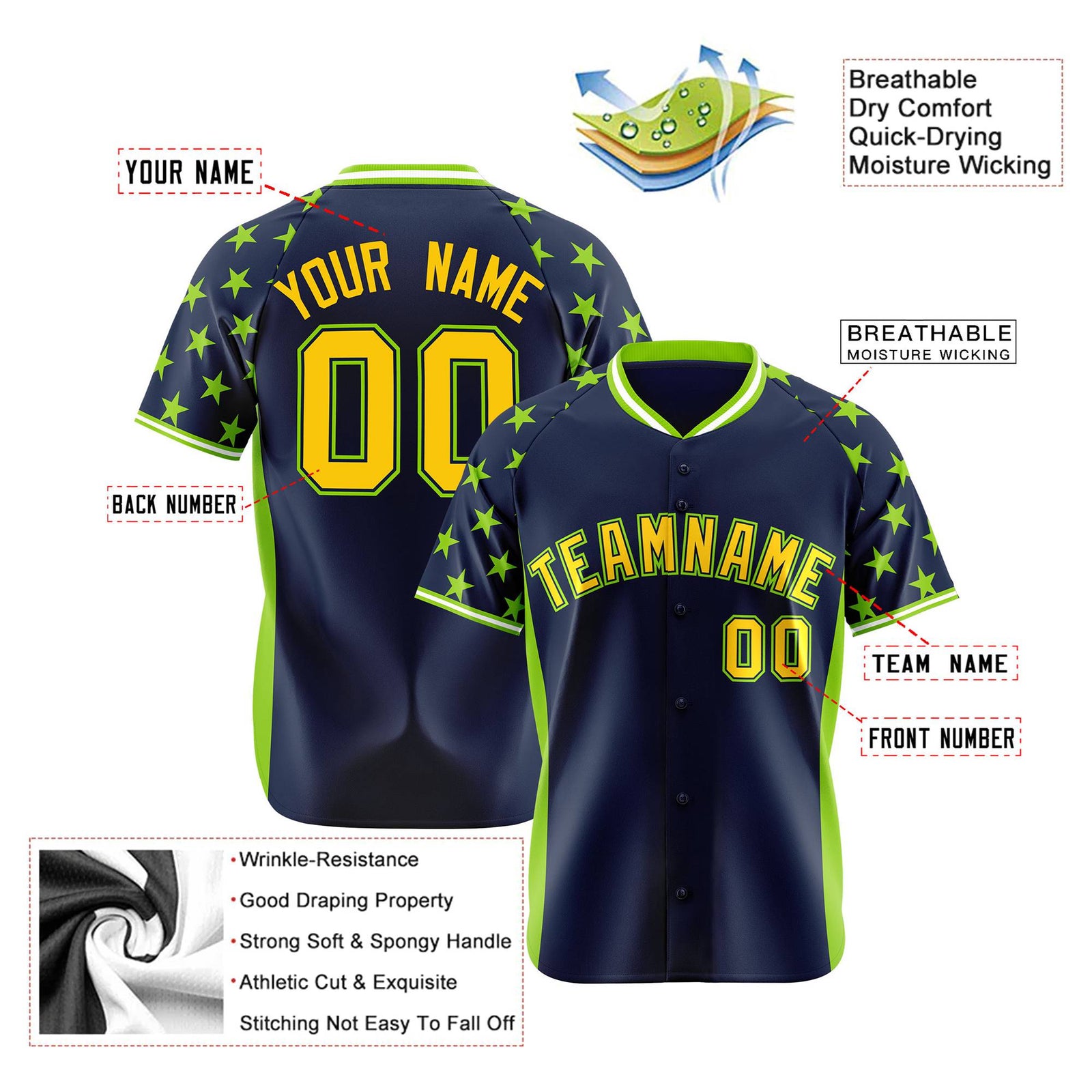 Custom Navy Neon Green Gradient Side Personalized Star Pattern Authentic Baseball Jersey