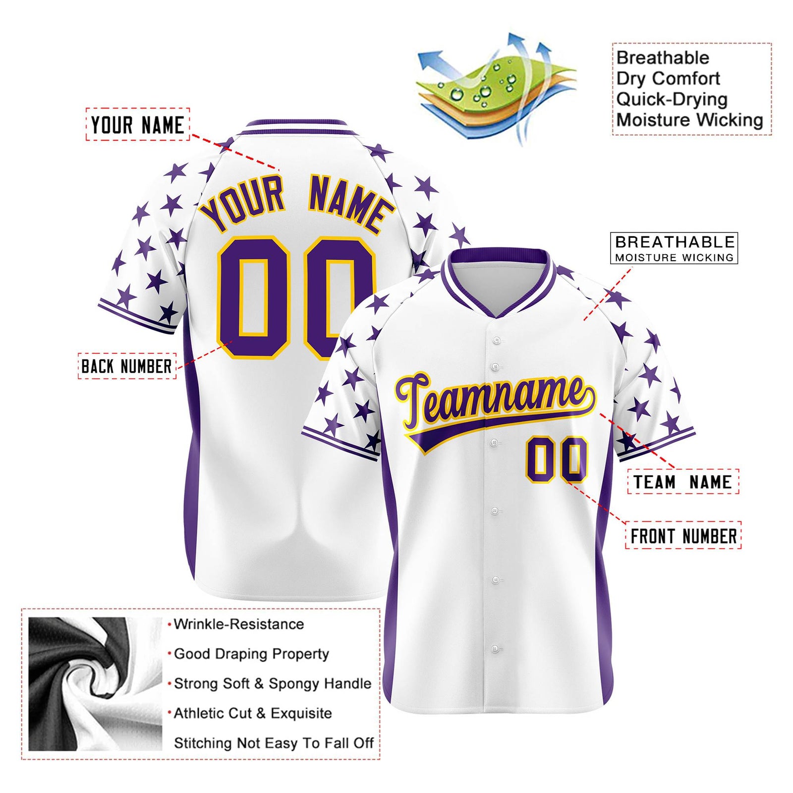 Custom White Purple Gradient Side Personalized Star Pattern Authentic Baseball Jersey
