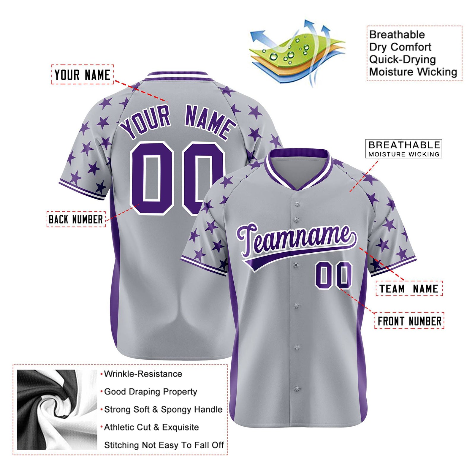Custom Gray Purple Gradient Side Personalized Star Pattern Authentic Baseball Jersey