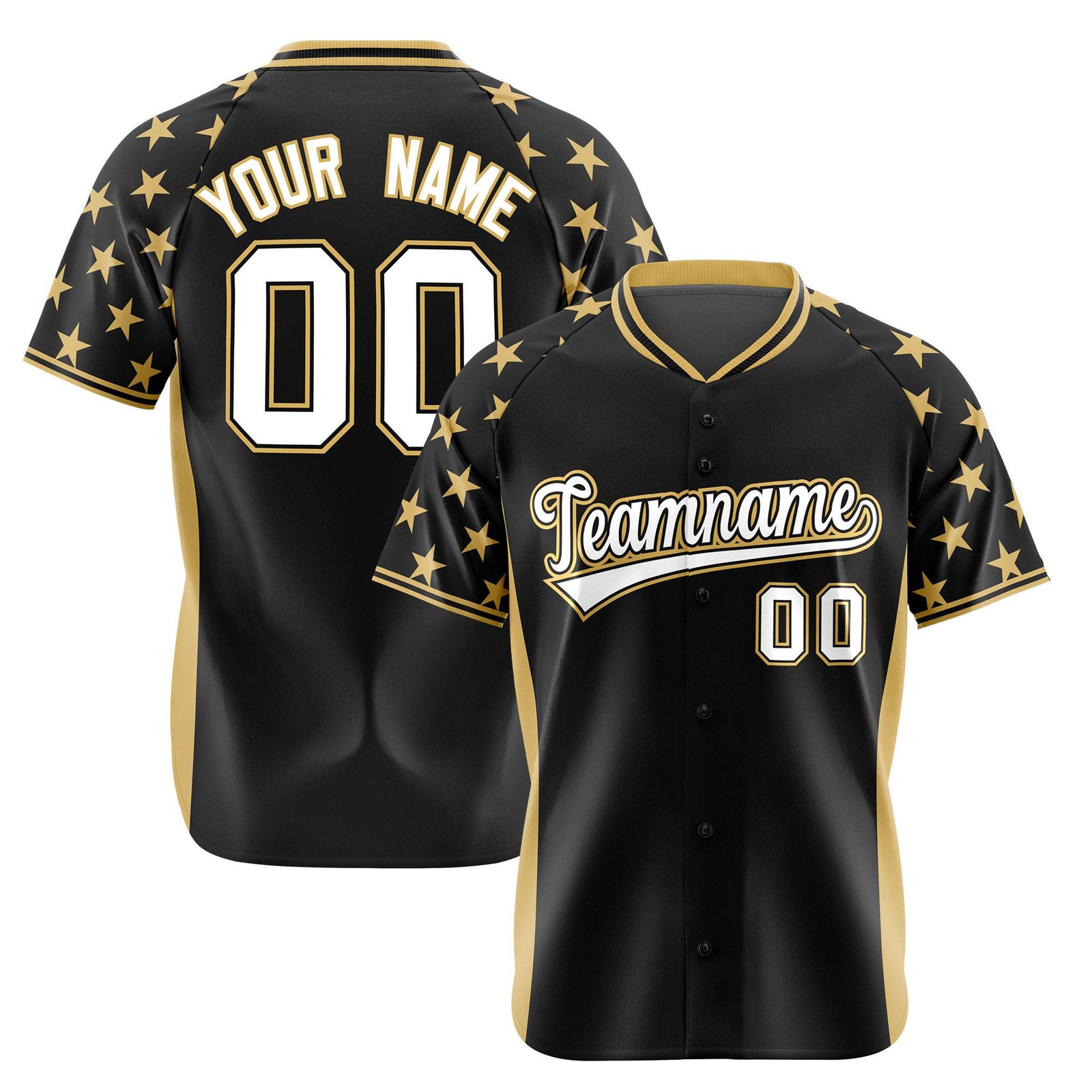 Custom Black Old Gold Gradient Side Personalized Star Pattern Authentic Baseball Jersey