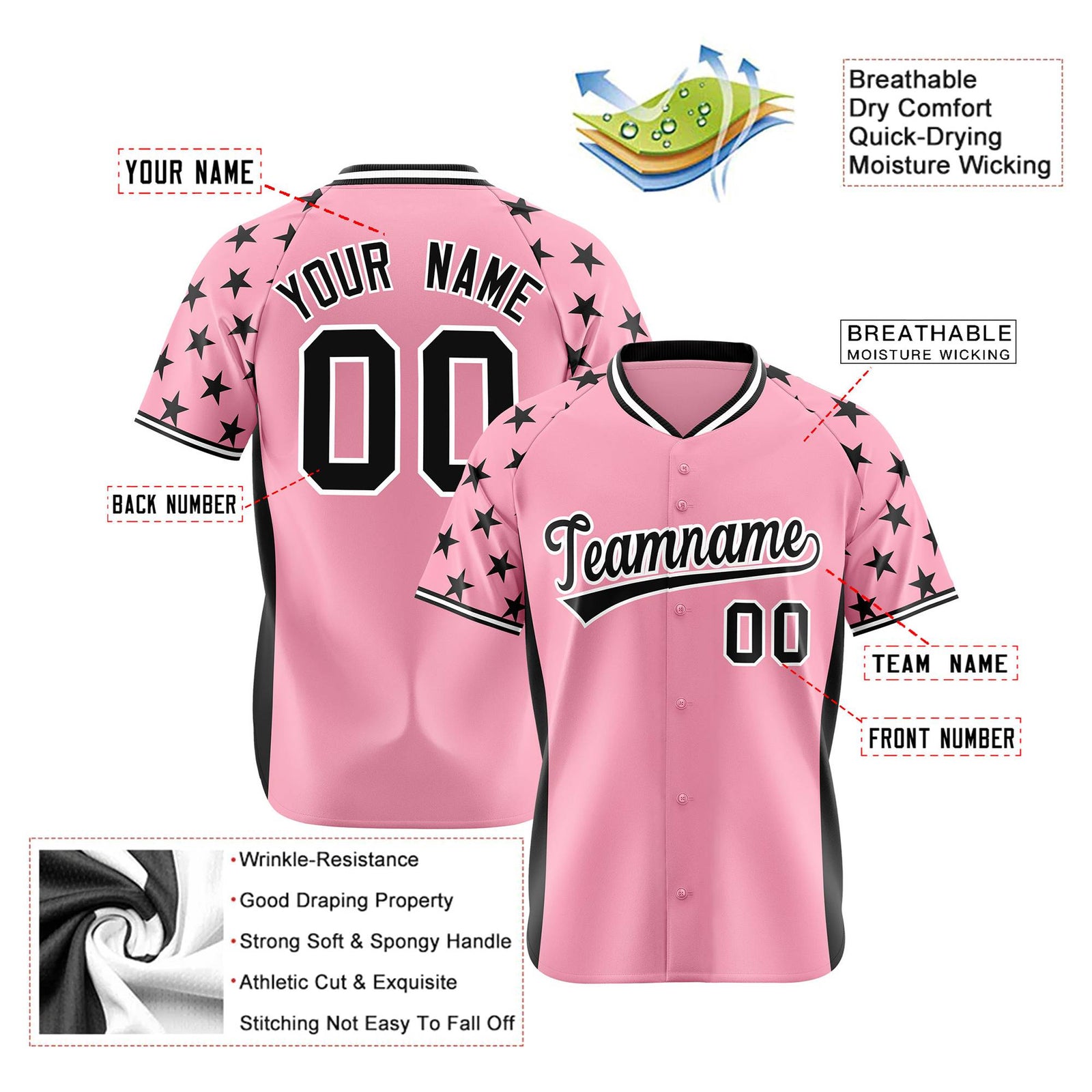 Custom Light Pink Black Gradient Side Personalized Star Pattern Authentic Baseball Jersey
