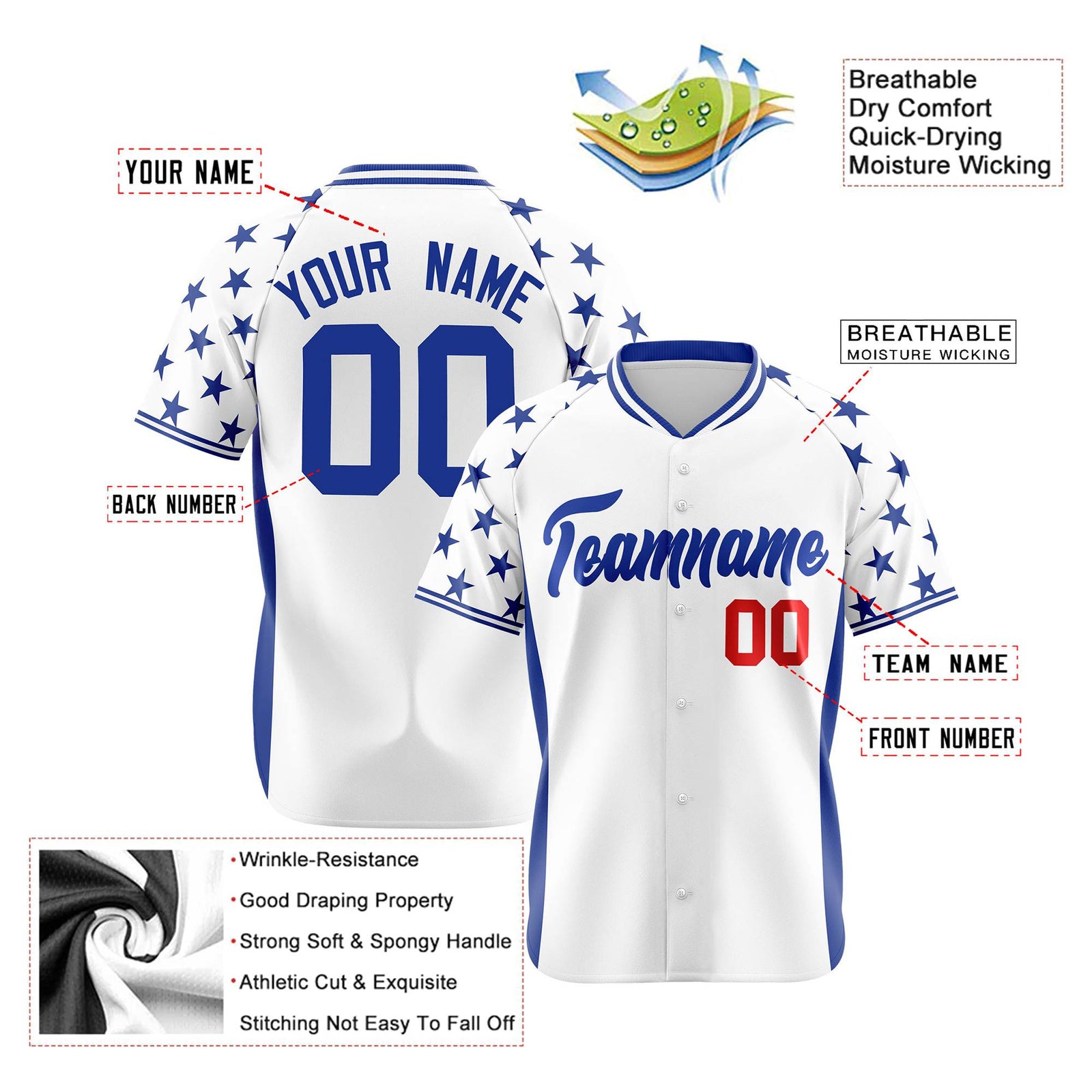 Custom White Royal Blue Gradient Side Personalized Star Pattern Authentic Baseball Jersey
