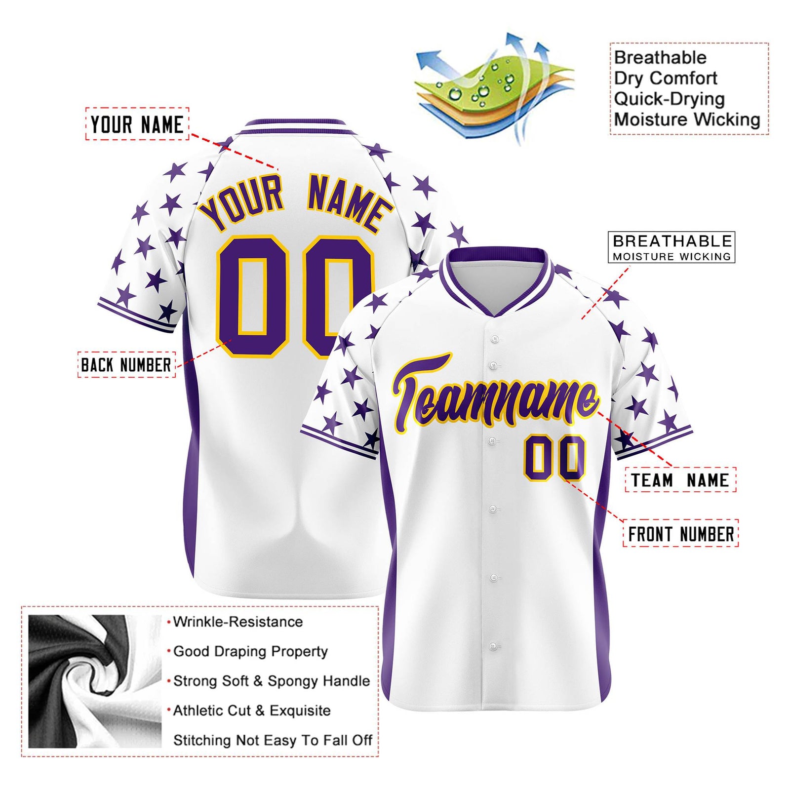Custom White Purple Gradient Side Personalized Star Pattern Authentic Baseball Jersey