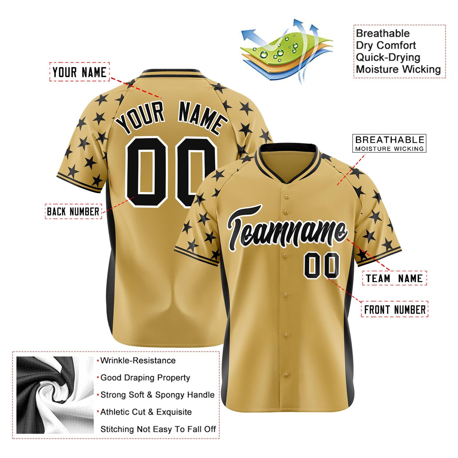 Custom Khaki Black Gradient Side Personalized Star Pattern Authentic Baseball Jersey