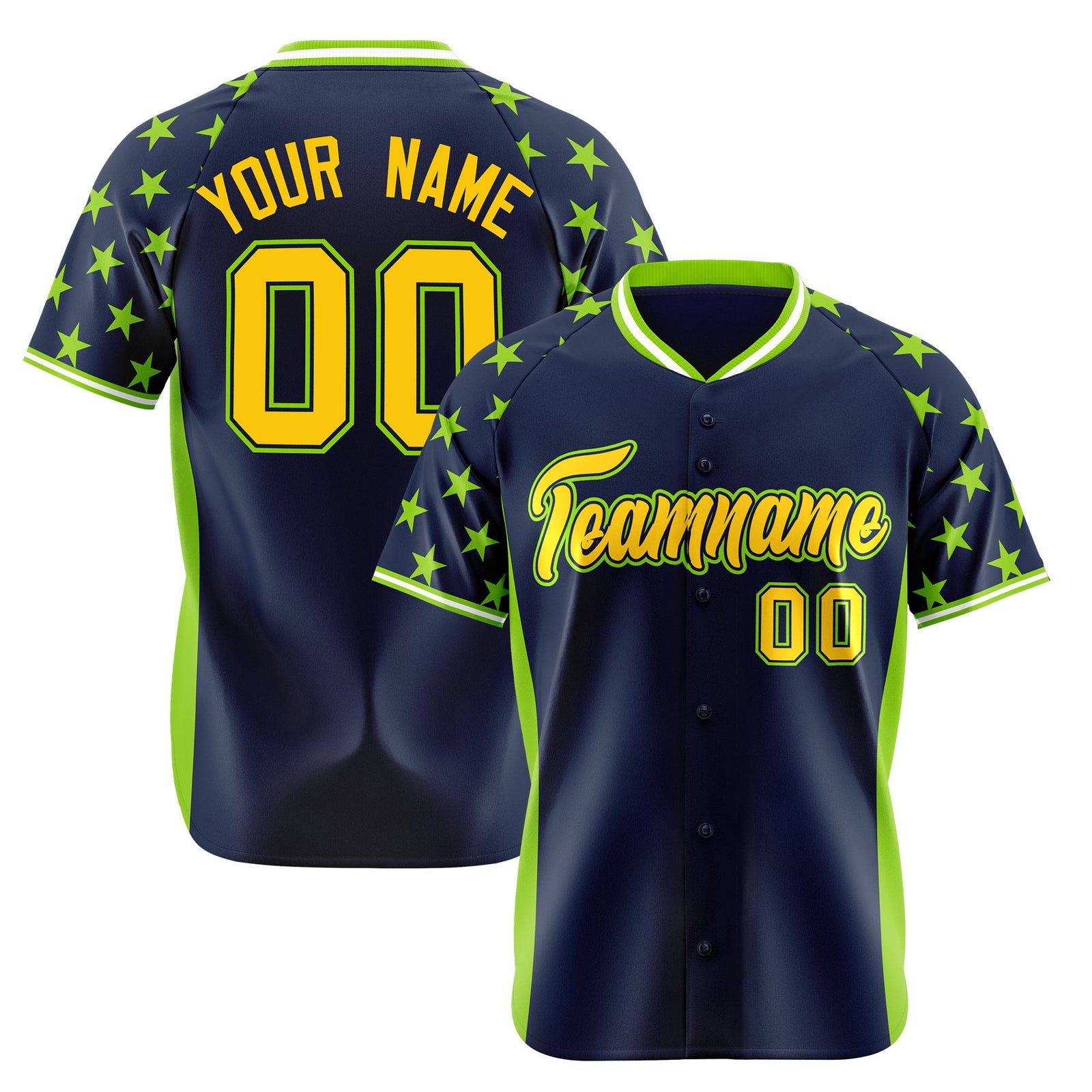 Custom Navy Neon Green Gradient Side Personalized Star Pattern Authentic Baseball Jersey