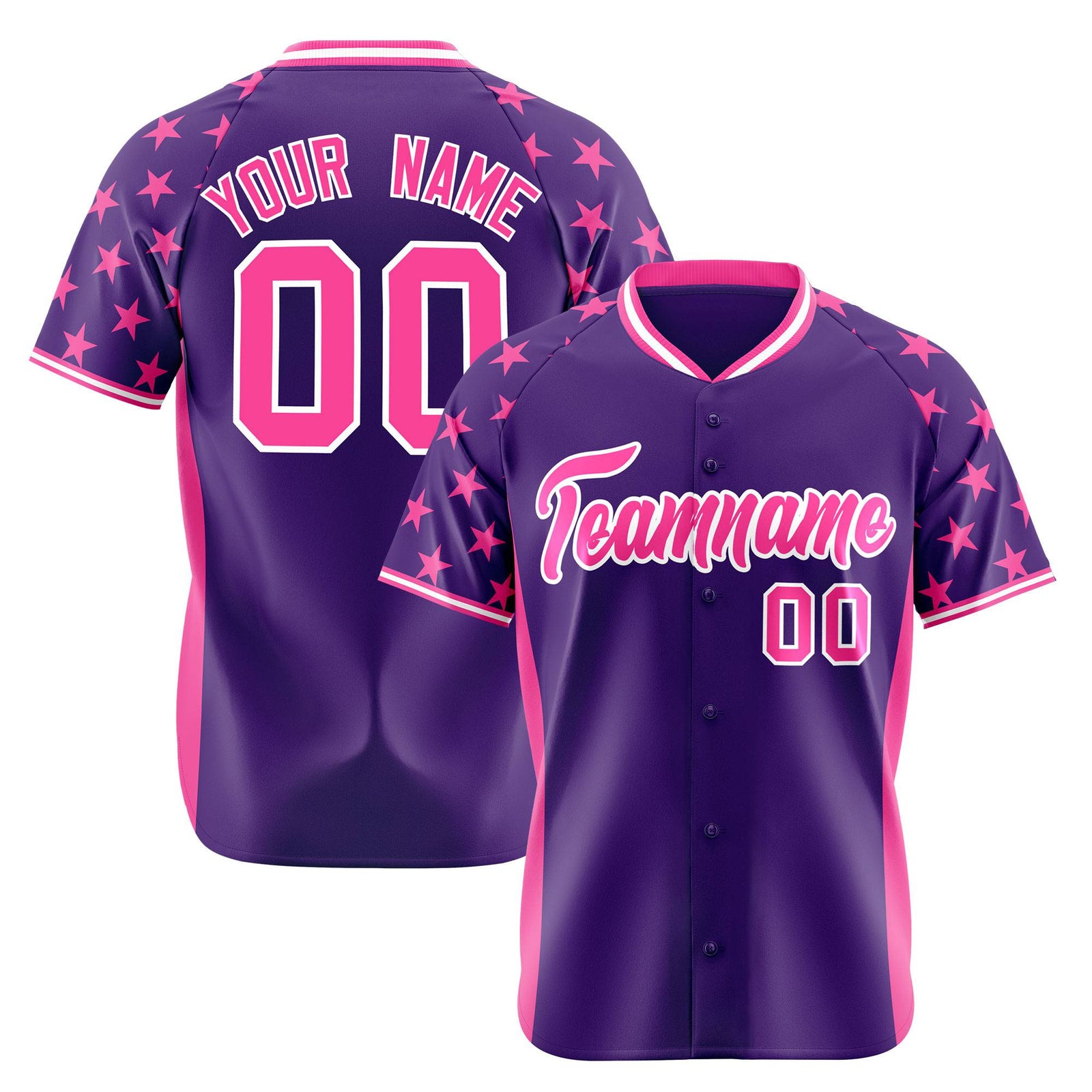 Custom Purple Pink Gradient Side Personalized Star Pattern Authentic Baseball Jersey