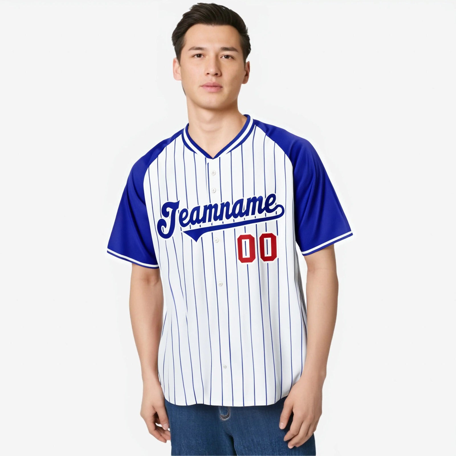 Custom White-Royal Blue Pinstripe Authentic Raglan Sleeves Baseball Jersey