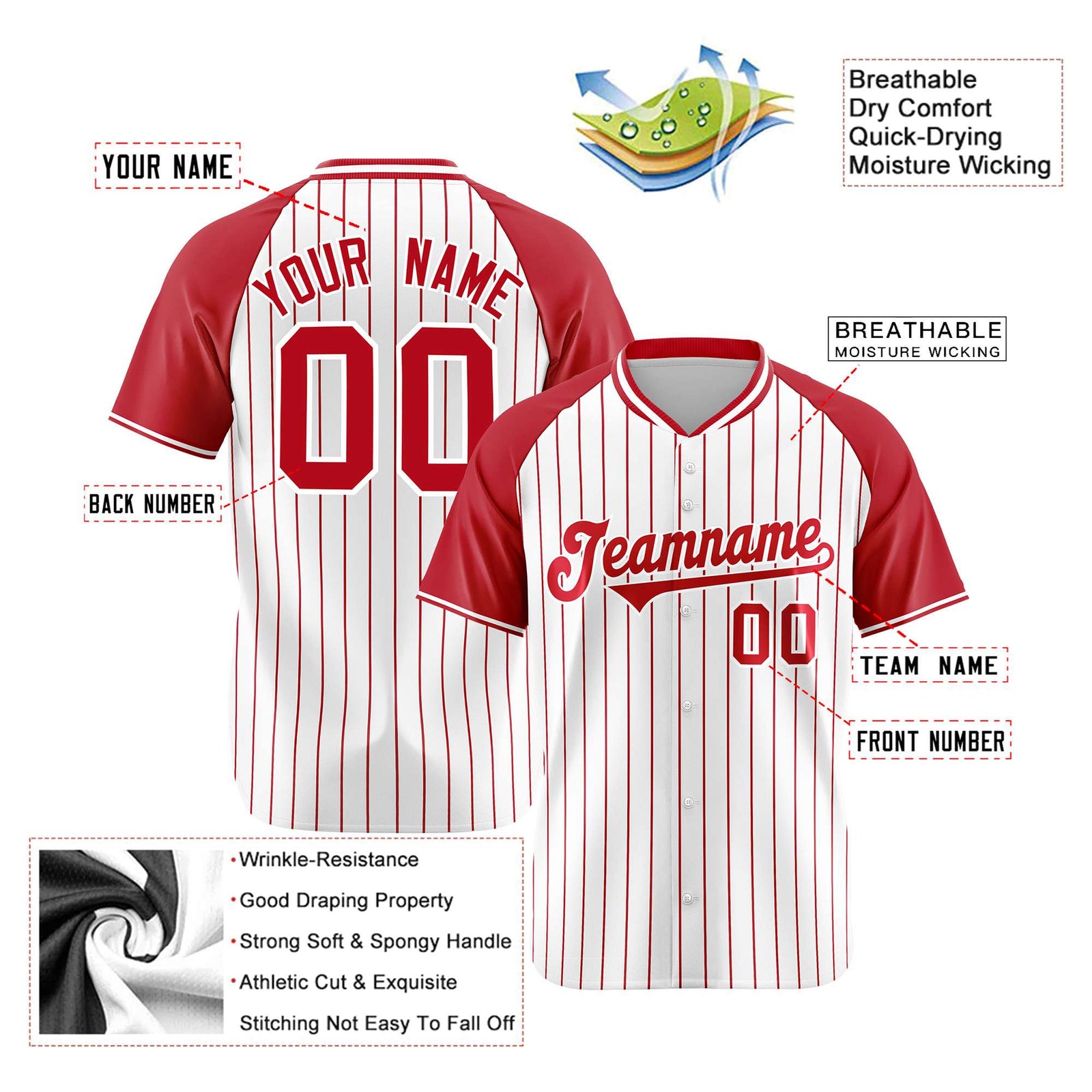 Custom White Red Pinstripe Red-White Authentic Raglan Sleeves Baseball Jersey
