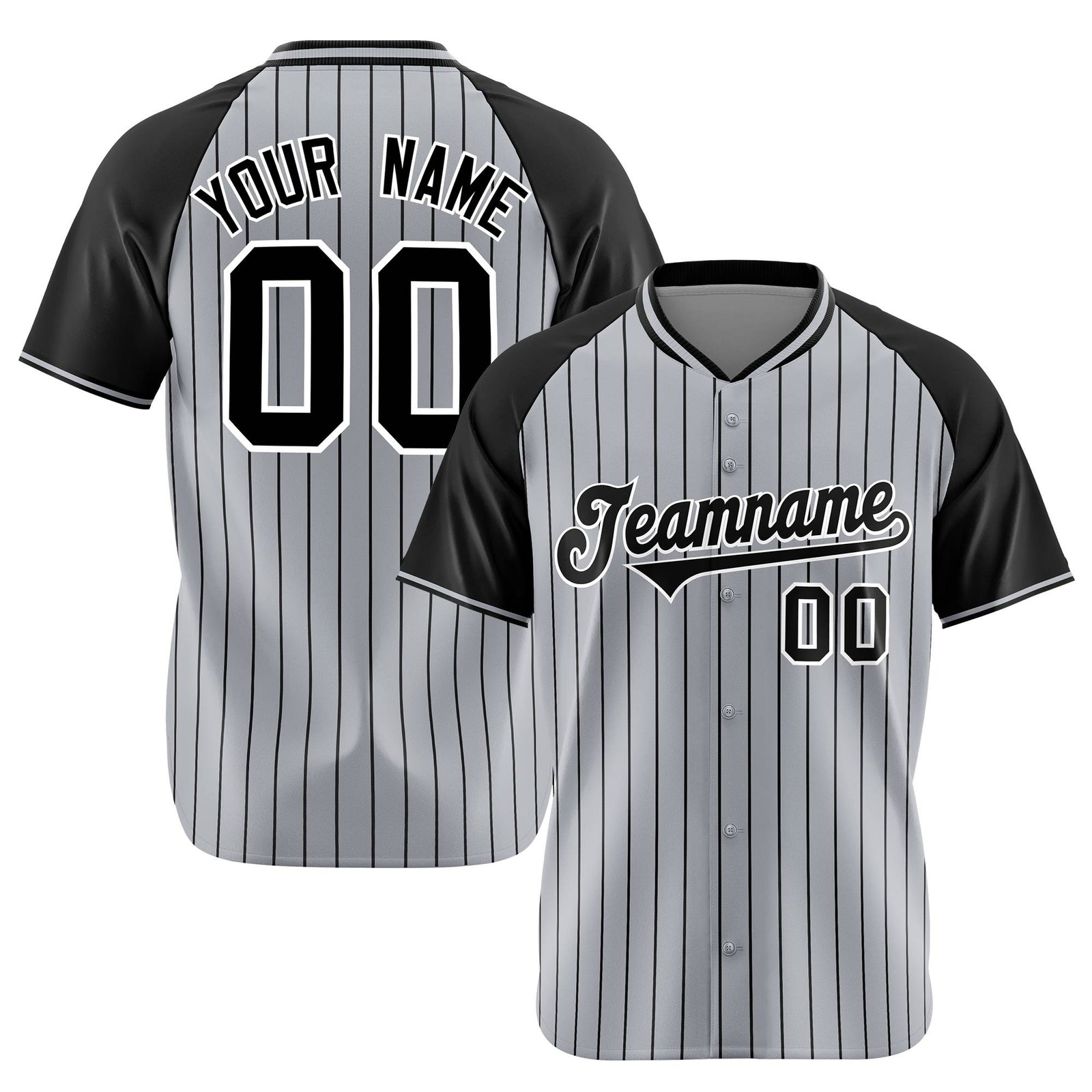 Custom Gray Black Pinstripe Black-Gray Authentic Raglan Sleeves Baseball Jersey
