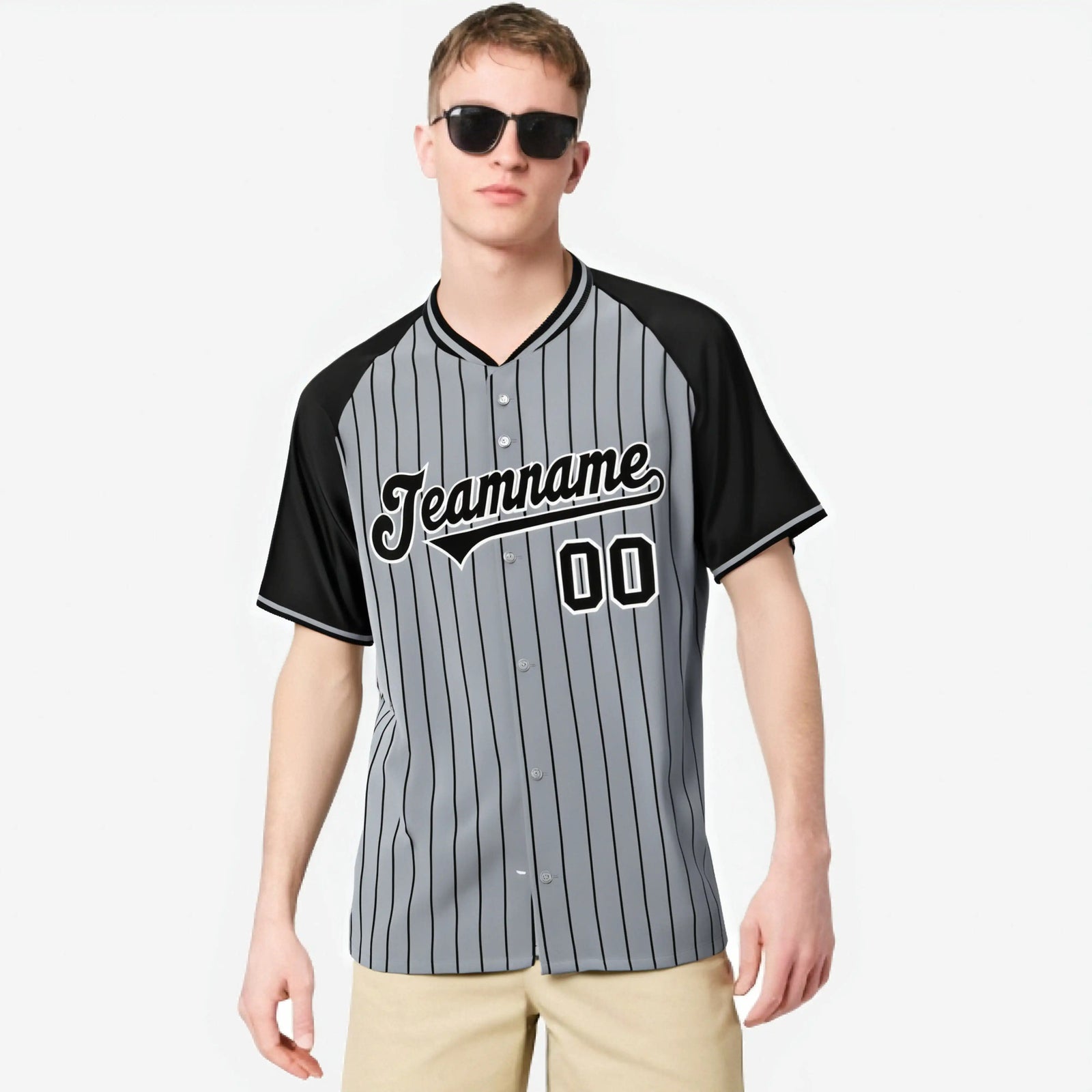 Custom Gray Black Pinstripe Black-Gray Authentic Raglan Sleeves Baseball Jersey