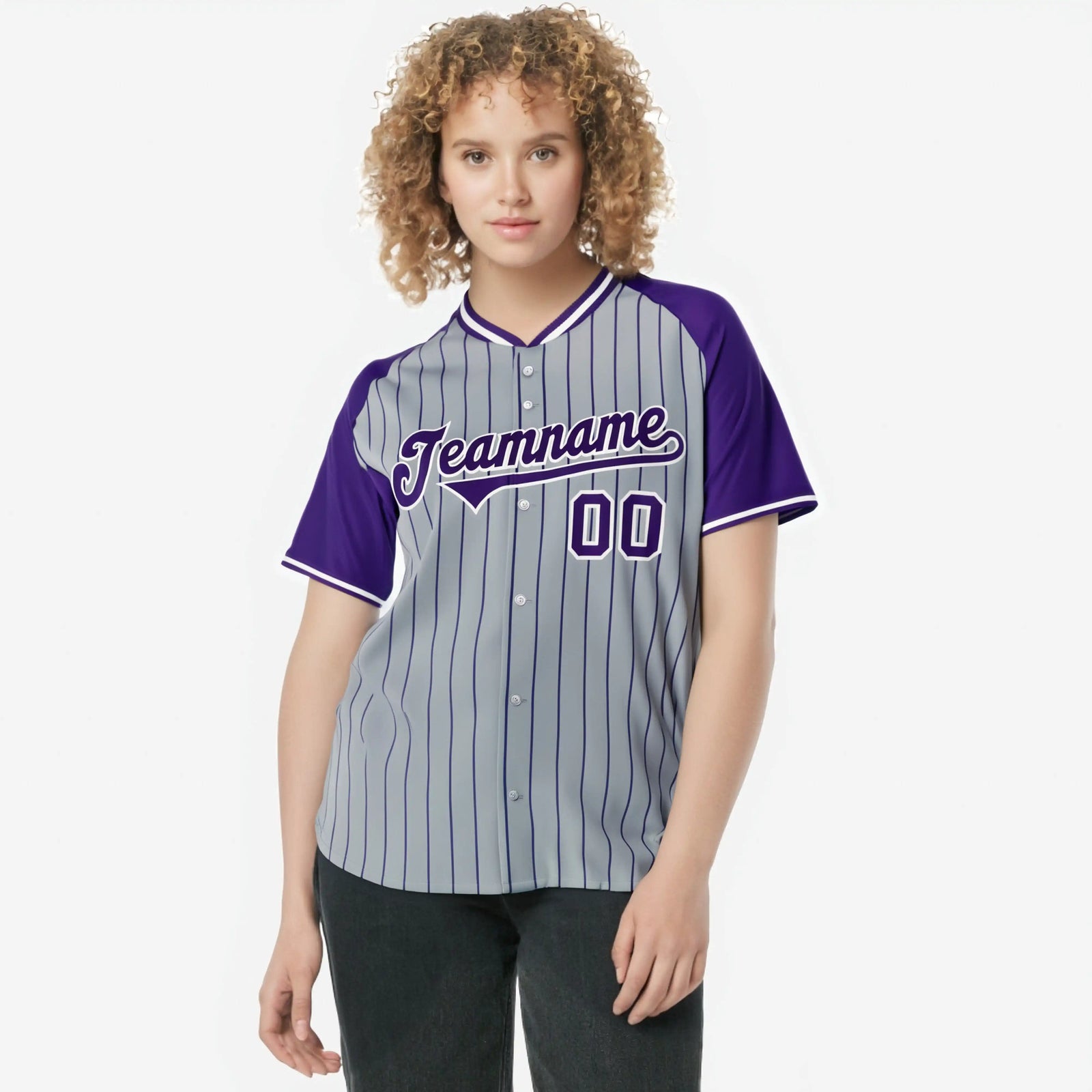 Custom Gray Purple Pinstripe Purple-Gray Authentic Raglan Sleeves Baseball Jersey