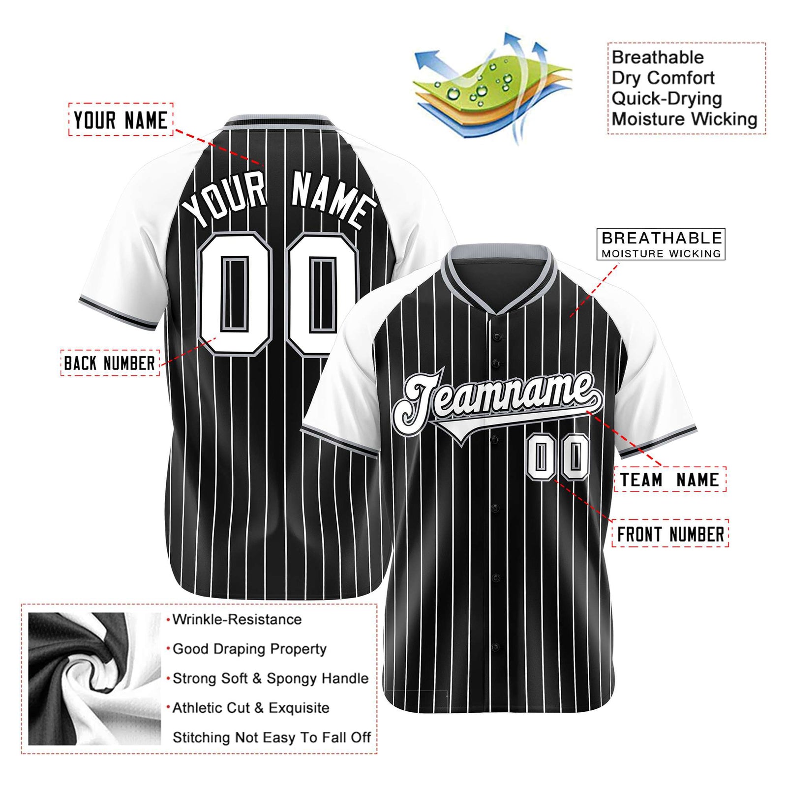 Custom Black White Pinstripe White-Black Authentic Raglan Sleeves Baseball Jersey
