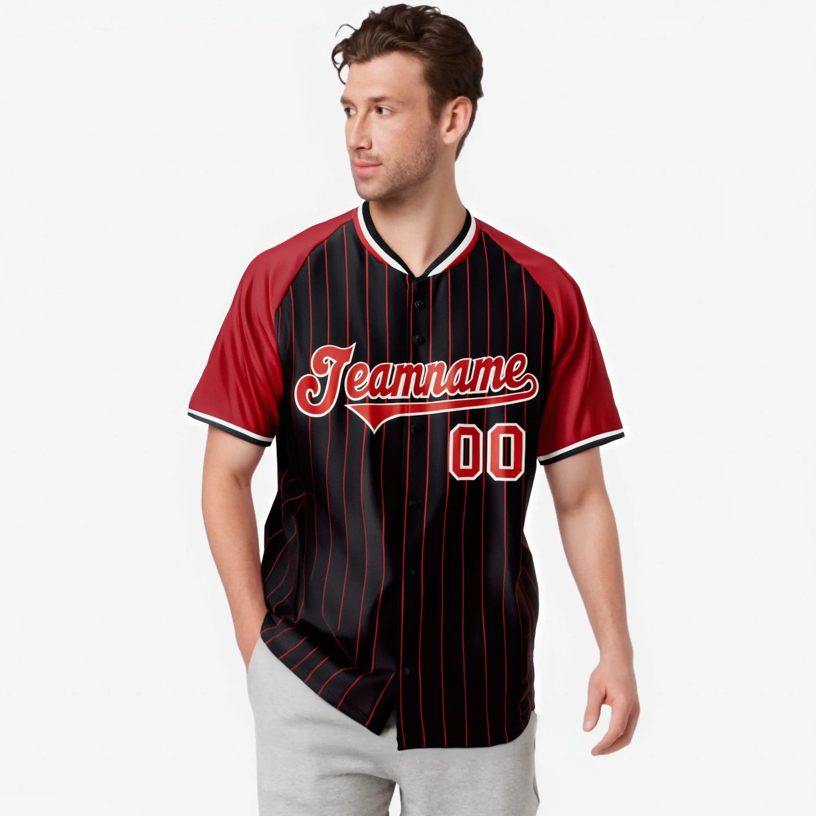 Custom Black Red Pinstripe Red-Black Authentic Raglan Sleeves Baseball Jersey