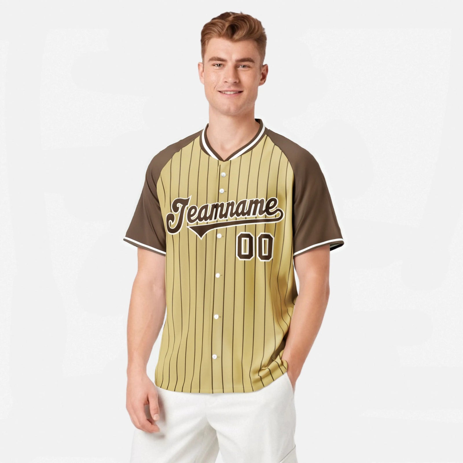 Custom Khaki-Light Brown Pinstripe Authentic Raglan Sleeves Baseball Jersey