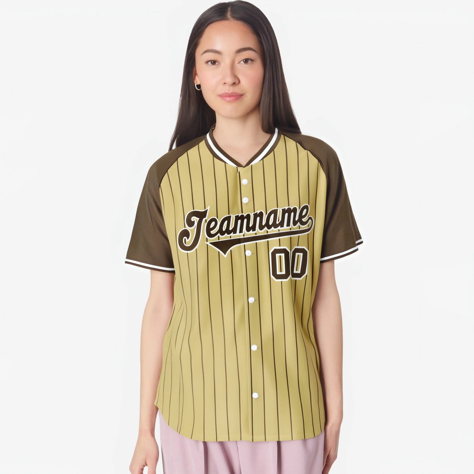 Custom Khaki-Light Brown Pinstripe Authentic Raglan Sleeves Baseball Jersey