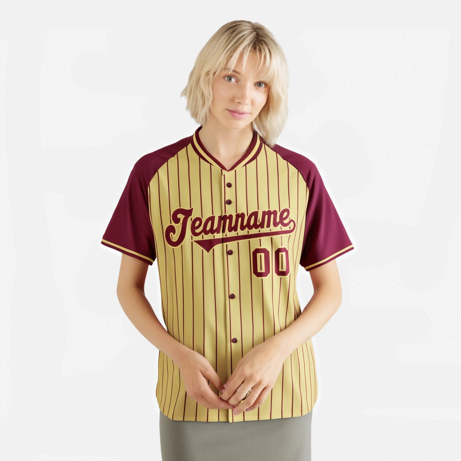 Custom Khaki Crimson Pinstripe Authentic Raglan Sleeves Baseball Jersey
