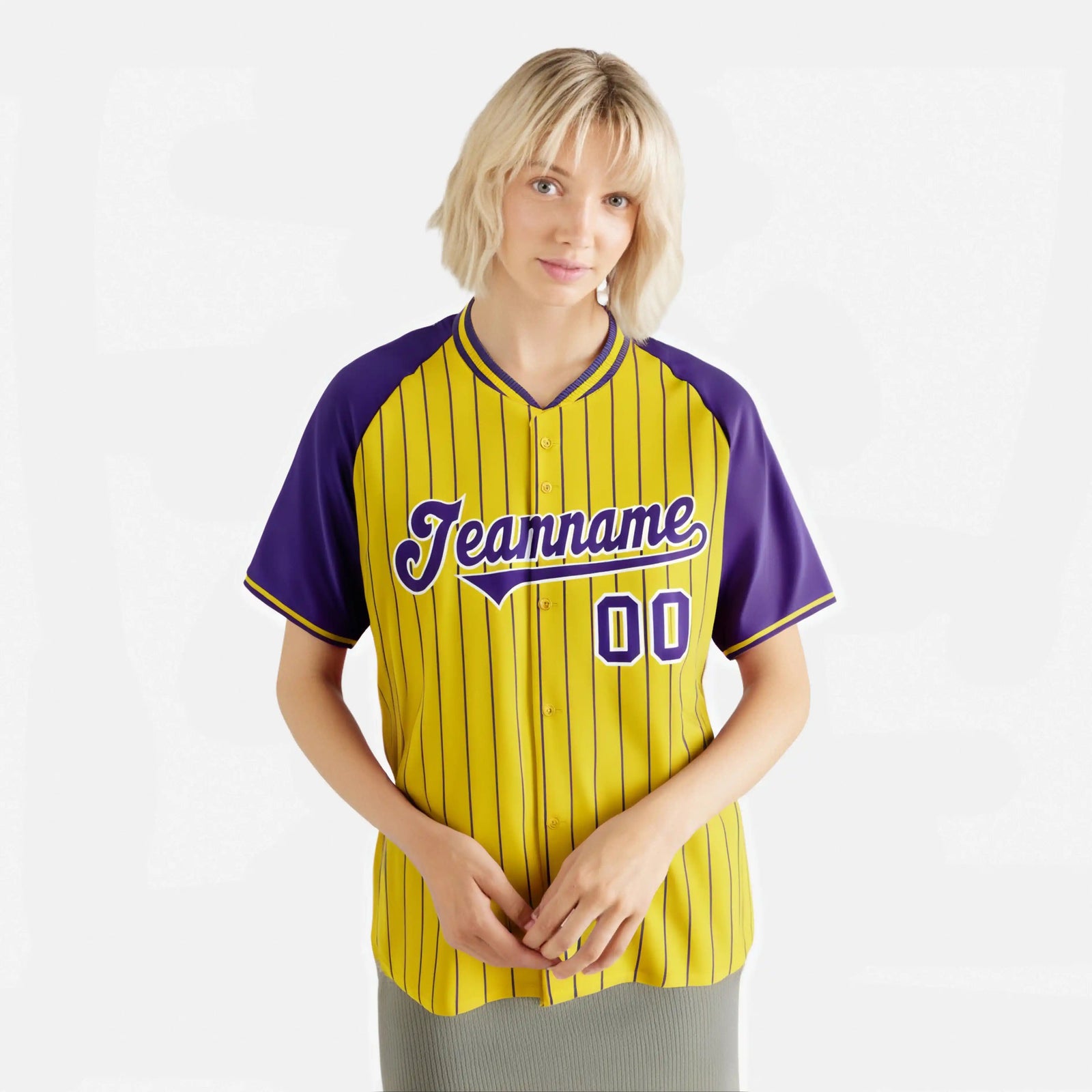 Custom Gold Purple Pinstripe Purple Gold Authentic Raglan Sleeves Baseball Jersey