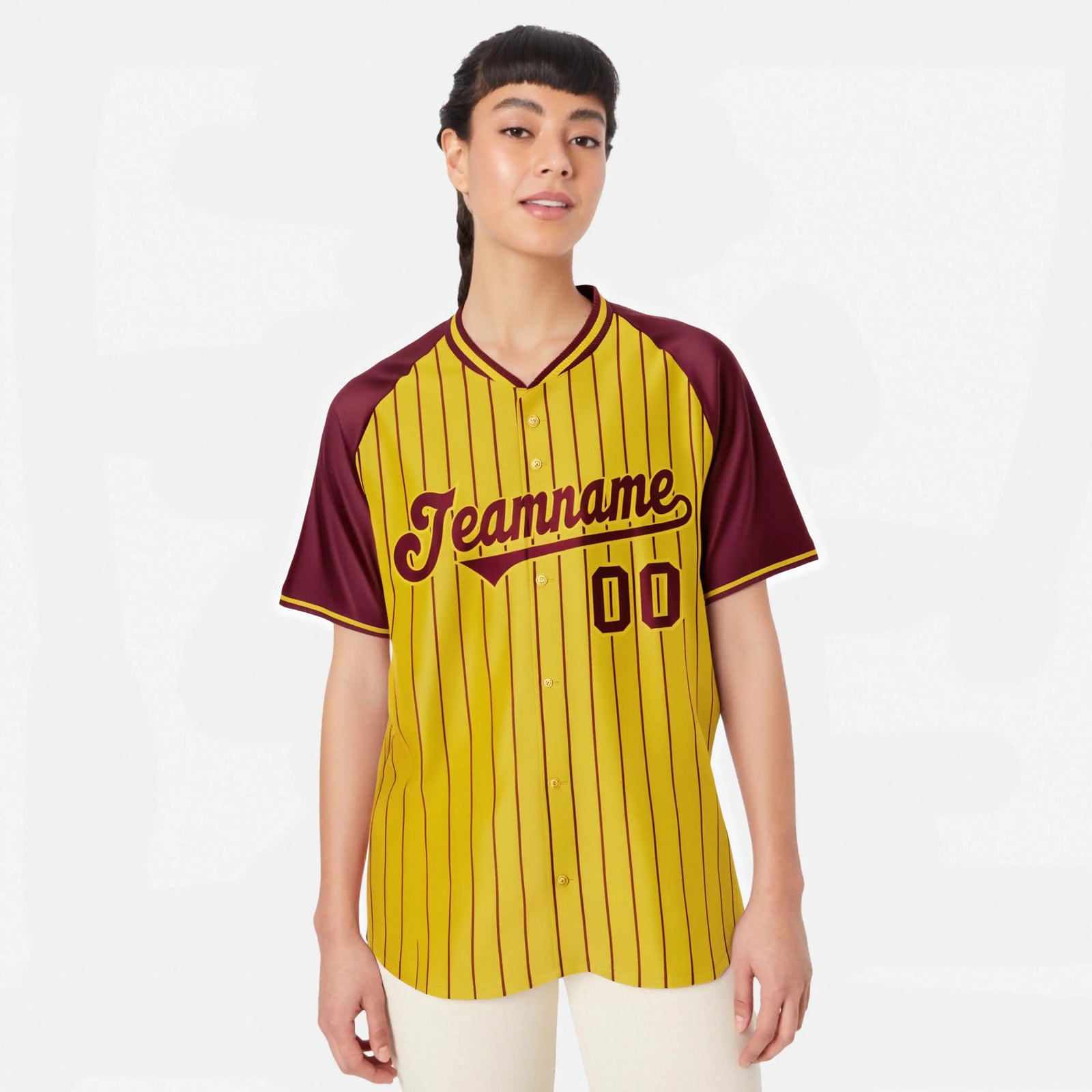 Custom Gold Crimson Pinstripe Gold Crimson Authentic Raglan Sleeves Baseball Jersey
