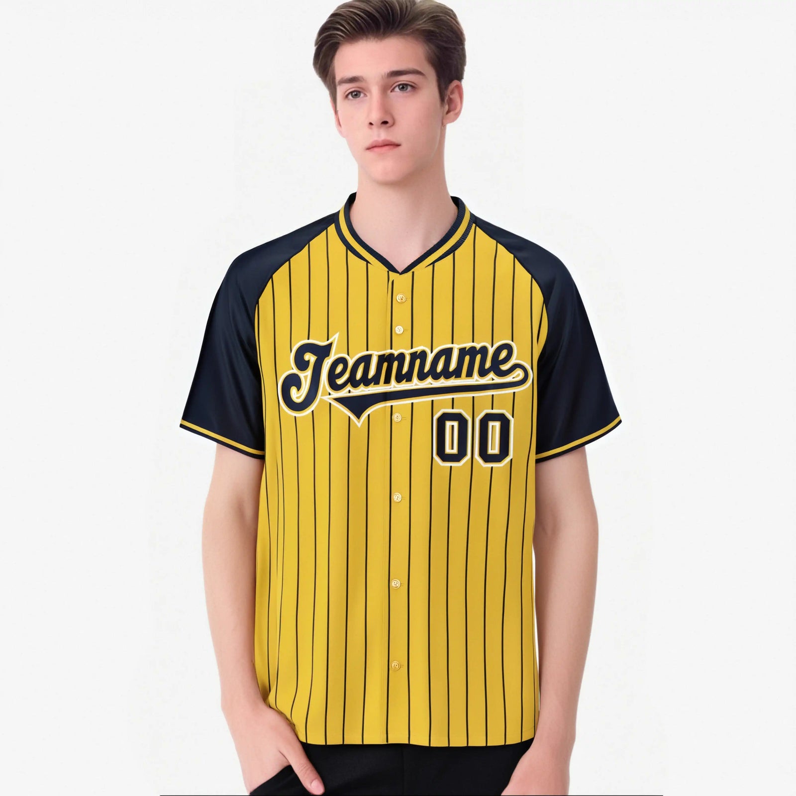 Custom Gold Navy Pinstripe Navy Gold Authentic Raglan Sleeves Baseball Jersey