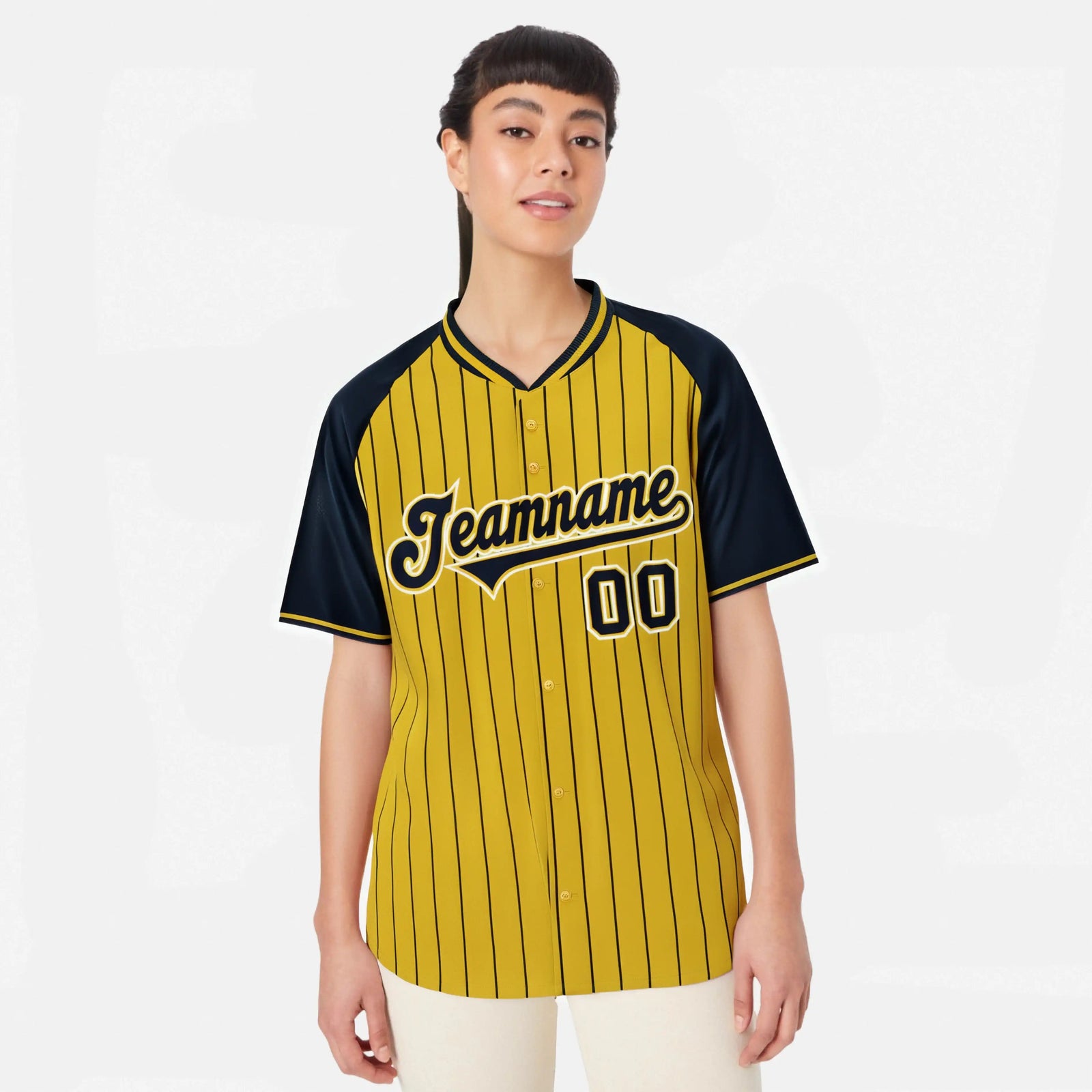 Custom Gold Navy Pinstripe Navy Gold Authentic Raglan Sleeves Baseball Jersey