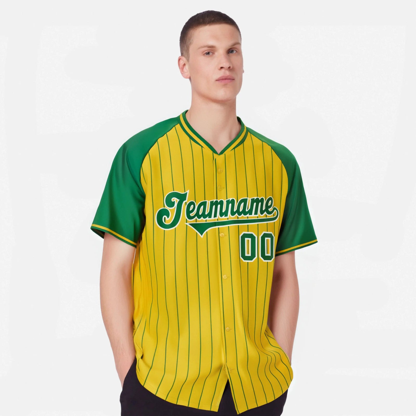 Custom Gold-Kelly Green Pinstripe Gold-Kelly Green Authentic Raglan Sleeves Baseball Jersey
