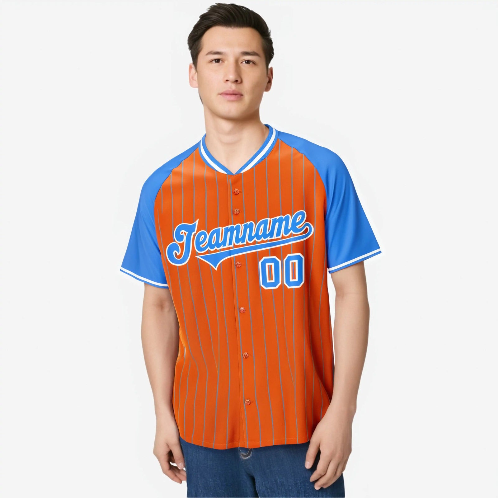 Custom Orange Blue Pinstripe Blue-Orange Authentic Raglan Sleeves Baseball Jersey