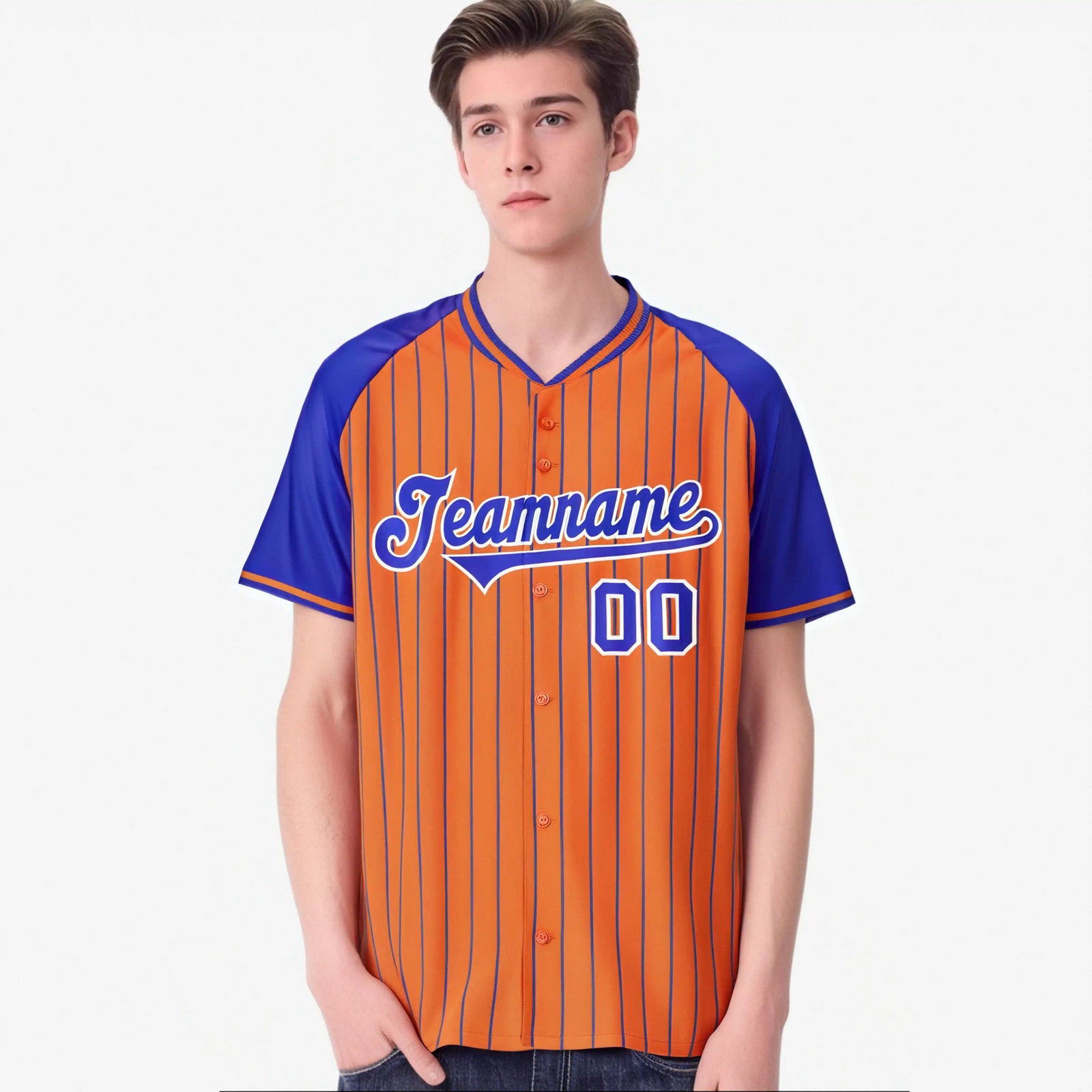 Custom Orange-Royal Blue Pinstripe Authentic Raglan Sleeves Baseball Jersey