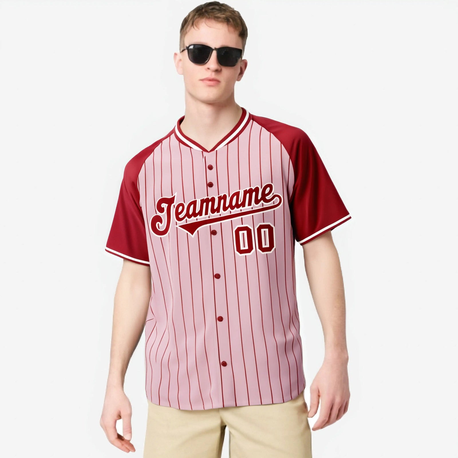 Custom Pink Red Pinstripe Red-Pink Authentic Raglan Sleeves Baseball Jersey