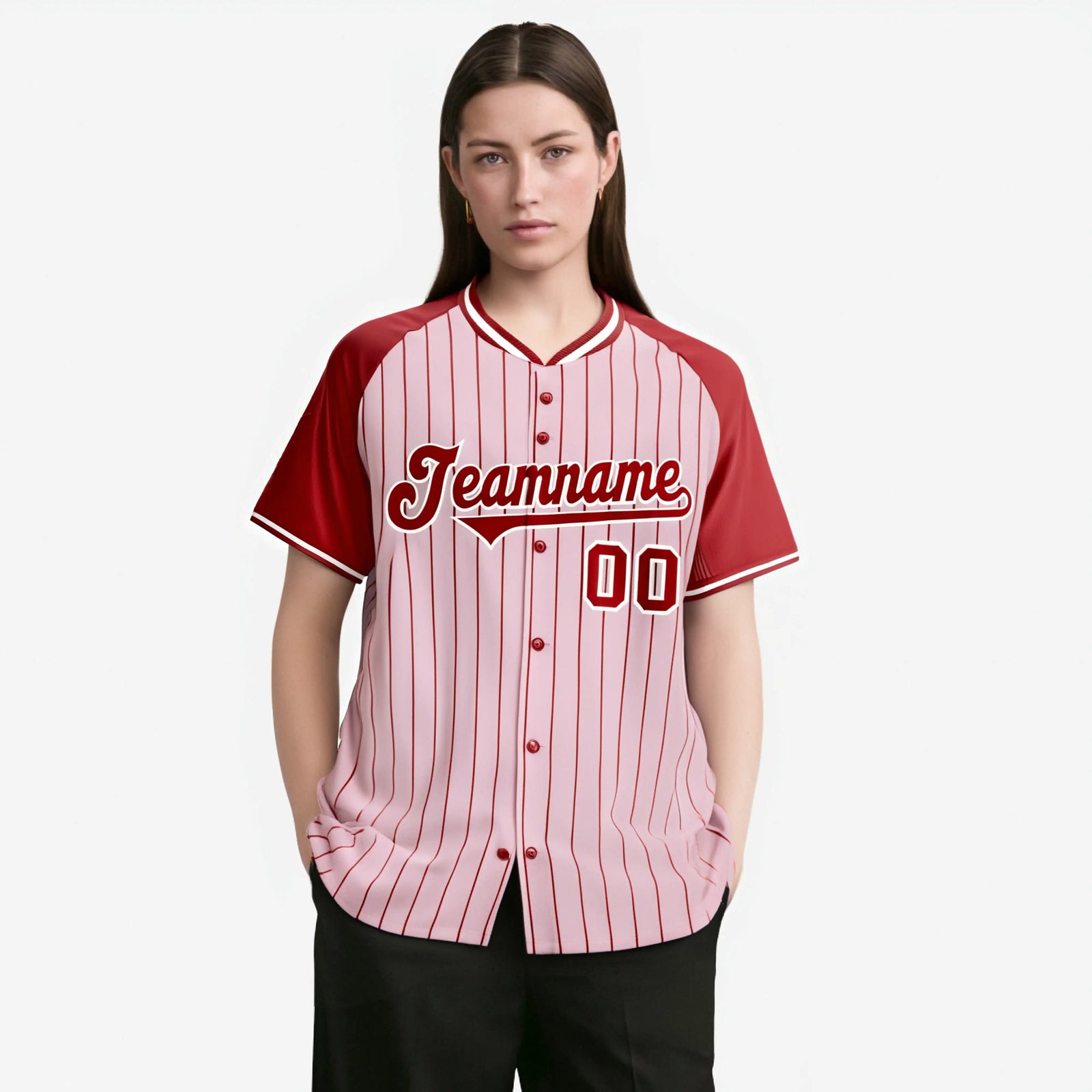 Custom Pink Red Pinstripe Red-Pink Authentic Raglan Sleeves Baseball Jersey