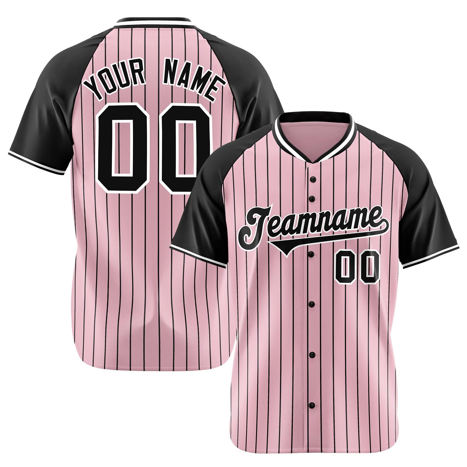 Custom Pink Black Pinstripe Black-Pink Authentic Raglan Sleeves Baseball Jersey