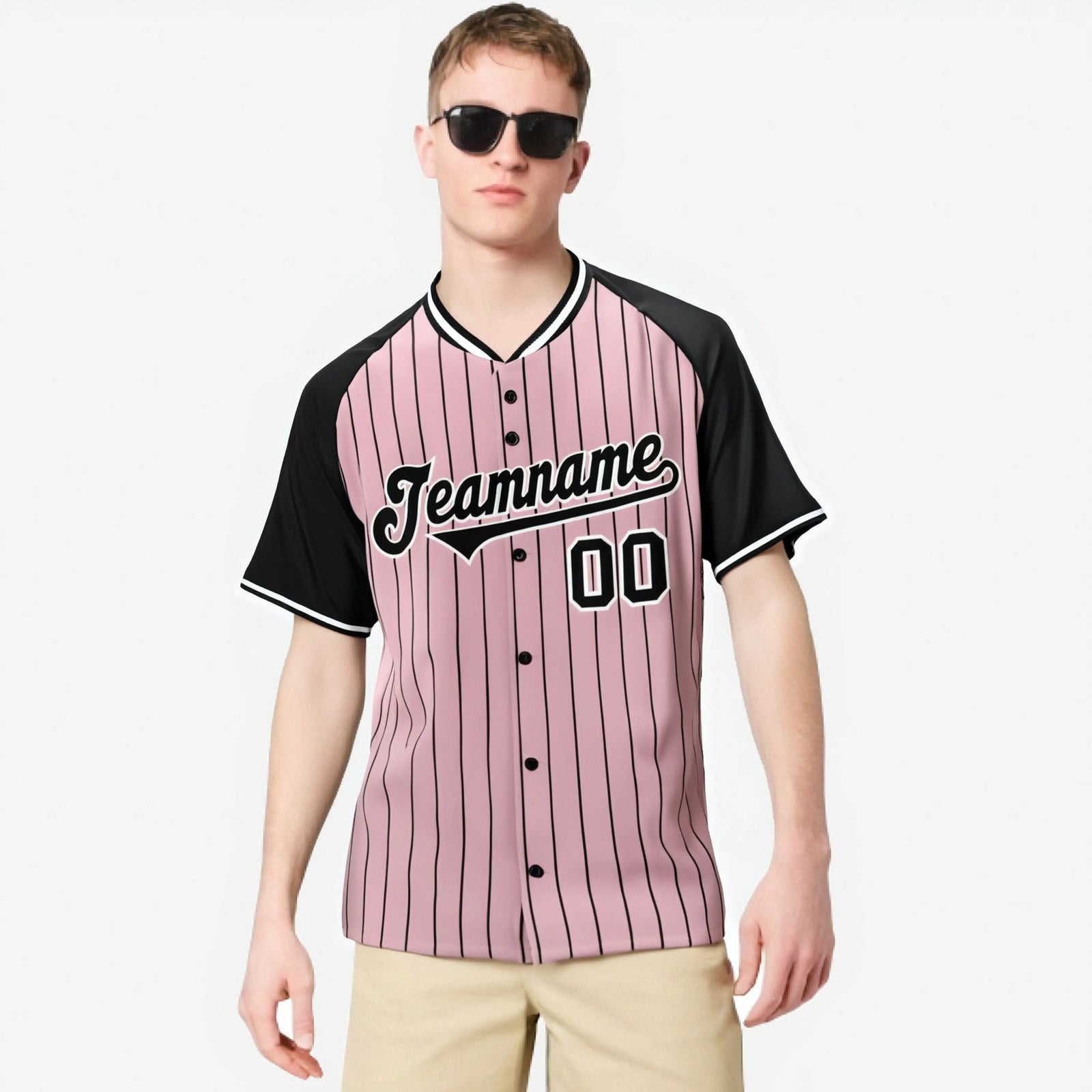 Custom Pink Black Pinstripe Black-Pink Authentic Raglan Sleeves Baseball Jersey