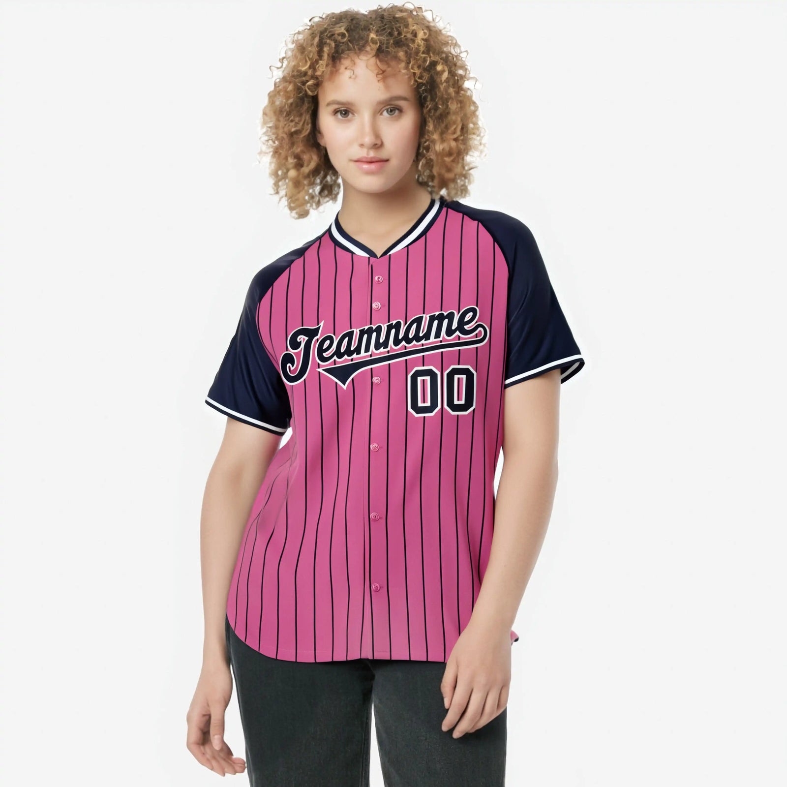Custom Pink Navy Pinstripe Navy-Pink Authentic Raglan Sleeves Baseball Jersey