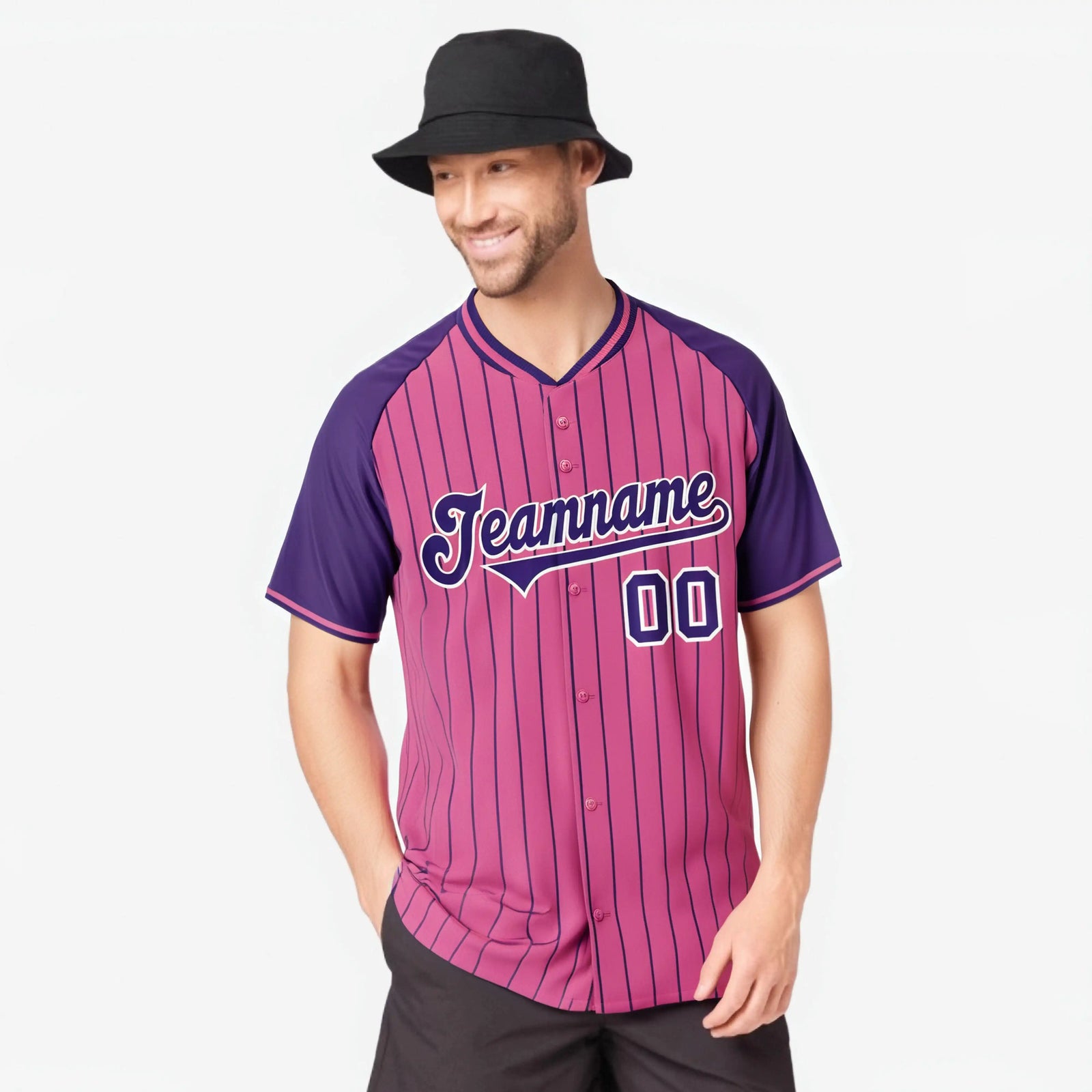 Custom Pink Purple Pinstripe Purple-Pink Authentic Raglan Sleeves Baseball Jersey