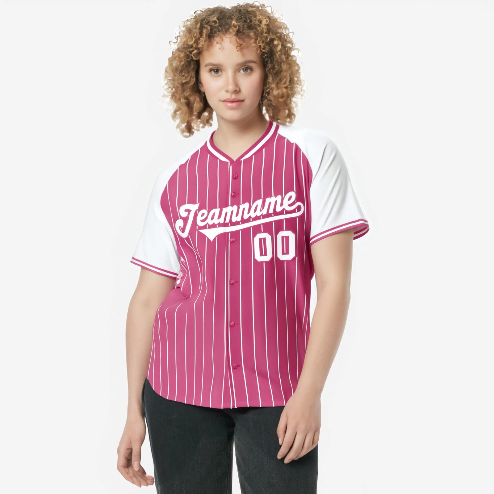Custom Pink White Pinstripe White-Pink Authentic Raglan Sleeves Baseball Jersey