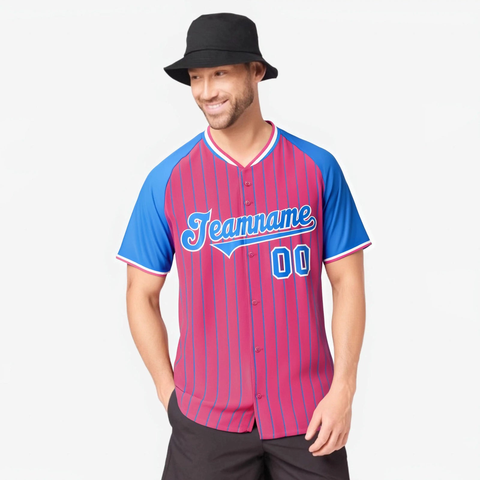 Custom Pink-Powder Blue Pinstripe Authentic Raglan Sleeves Baseball Jersey