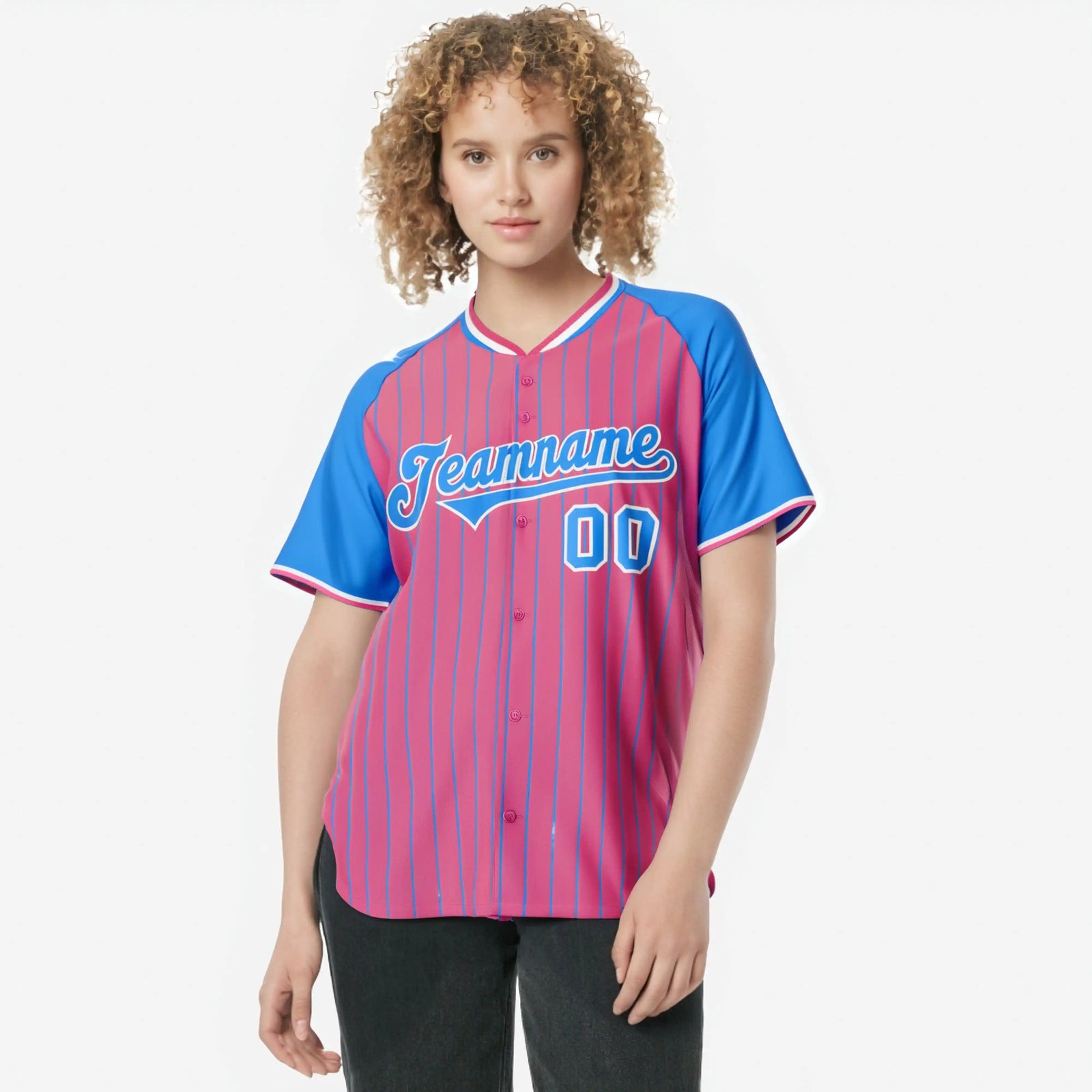 Custom Pink-Powder Blue Pinstripe Authentic Raglan Sleeves Baseball Jersey