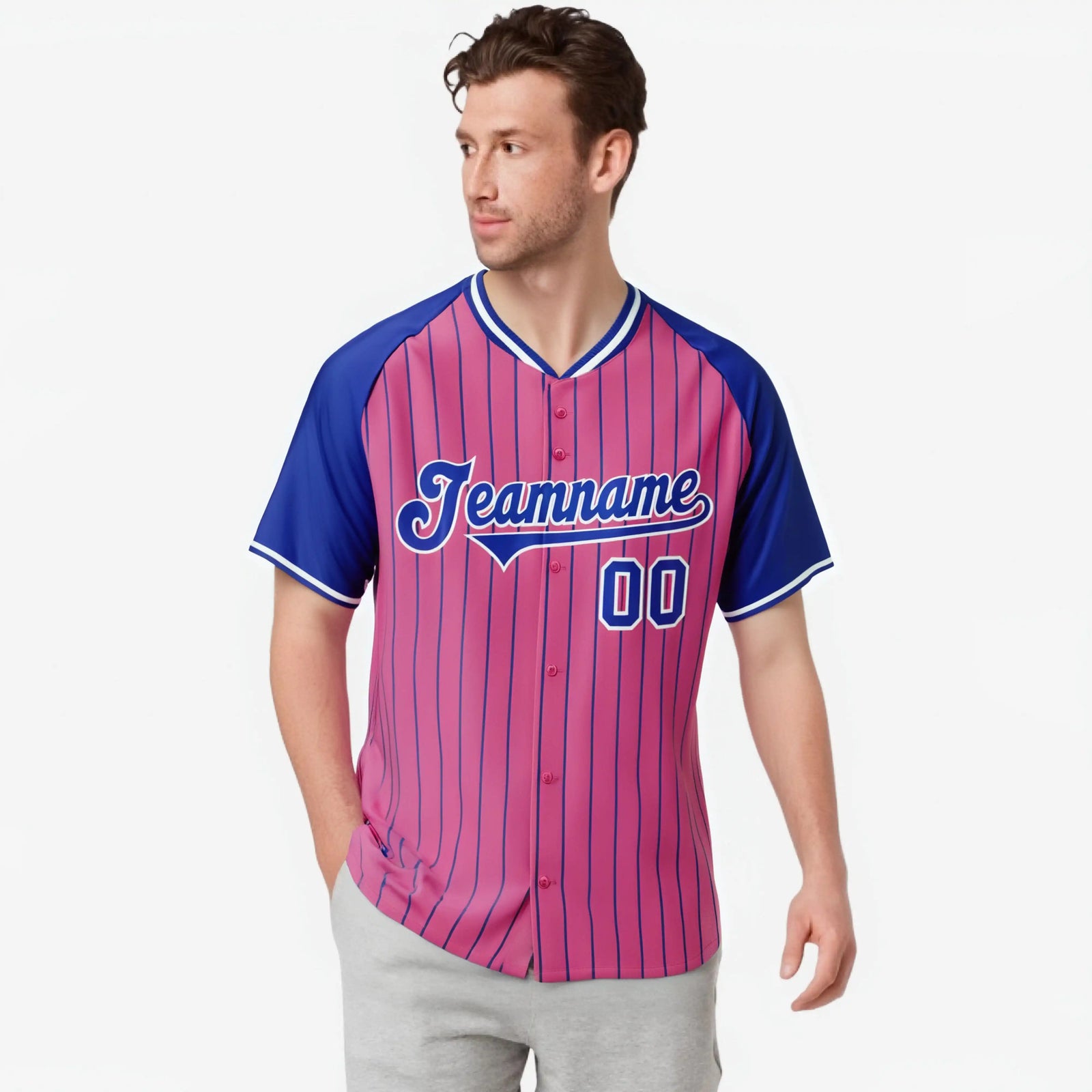 Custom Pink-Royal Blue Pinstripe Authentic Raglan Sleeves Baseball Jersey
