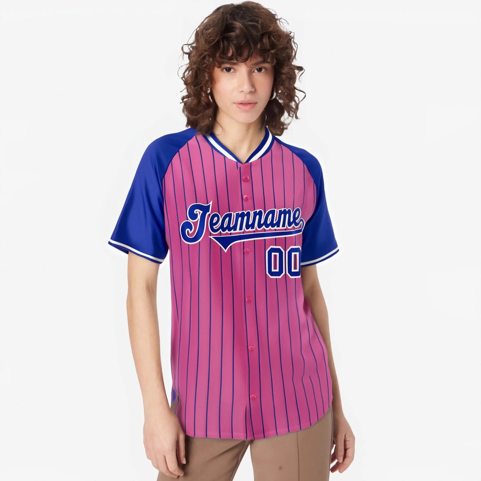 Custom Pink-Royal Blue Pinstripe Authentic Raglan Sleeves Baseball Jersey