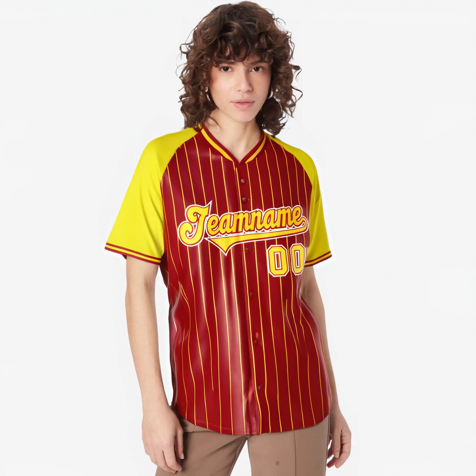 Custom Red Gold Pinstripe Authentic Raglan Sleeves Baseball Jersey