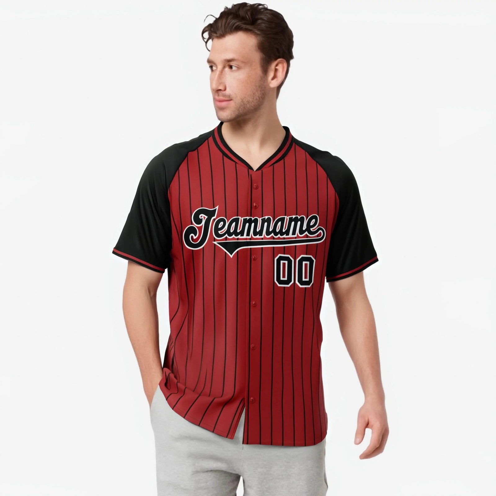 Custom Red Black Pinstripe Black-Red Authentic Raglan Sleeves Baseball Jersey