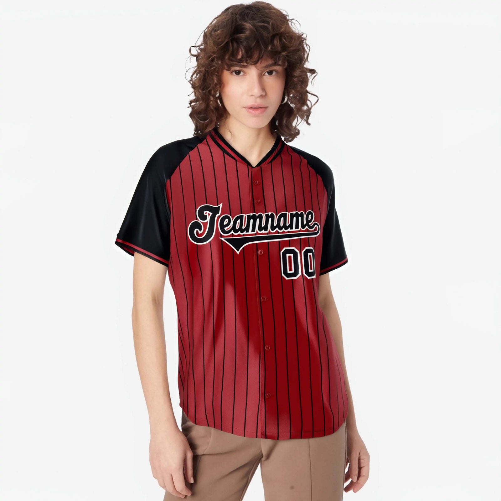 Custom Red Black Pinstripe Black-Red Authentic Raglan Sleeves Baseball Jersey