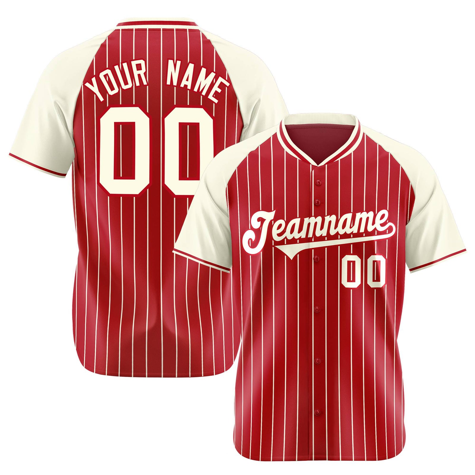 Custom Red Cream Pinstripe Cream-Red Authentic Raglan Sleeves Baseball Jersey