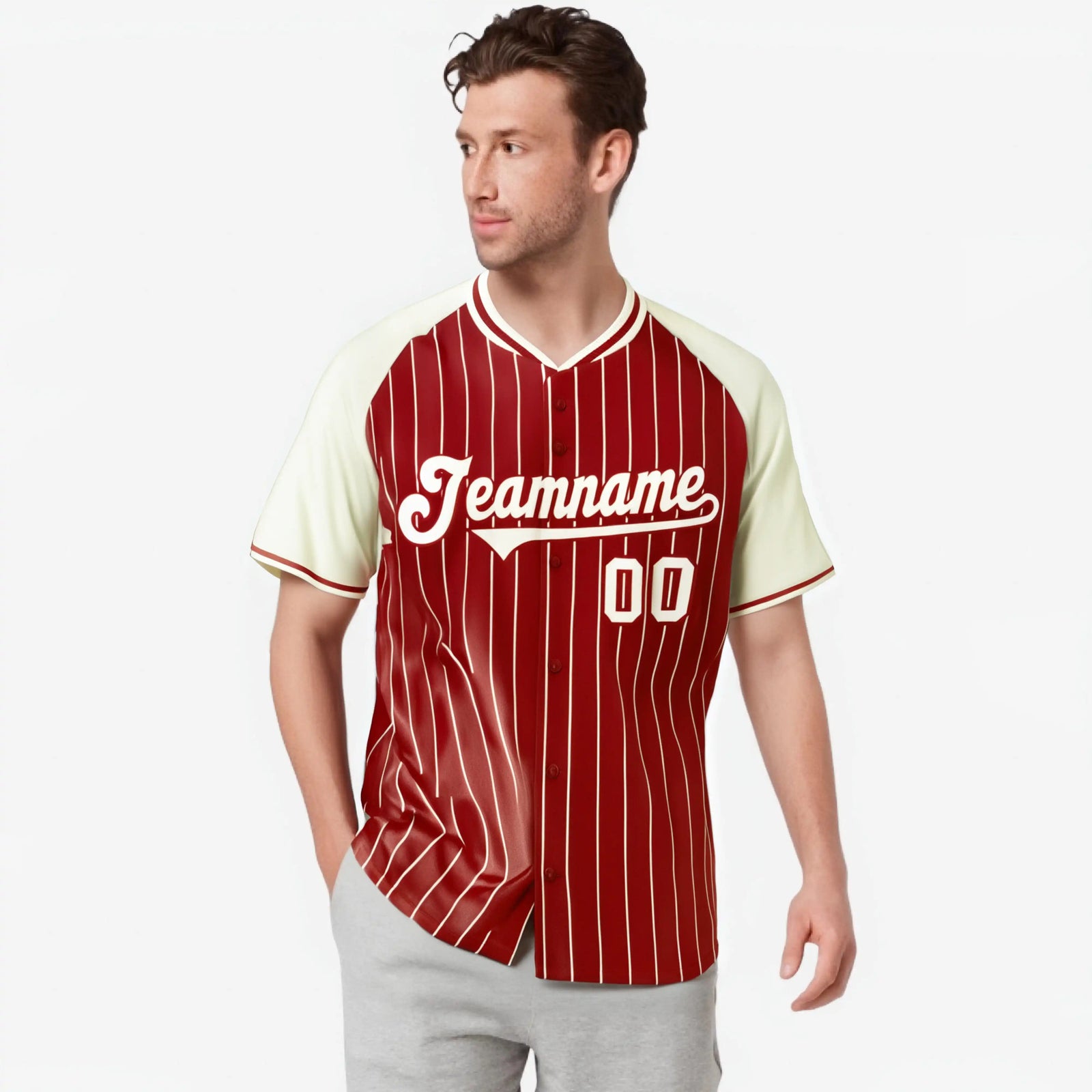 Custom Red Cream Pinstripe Cream-Red Authentic Raglan Sleeves Baseball Jersey