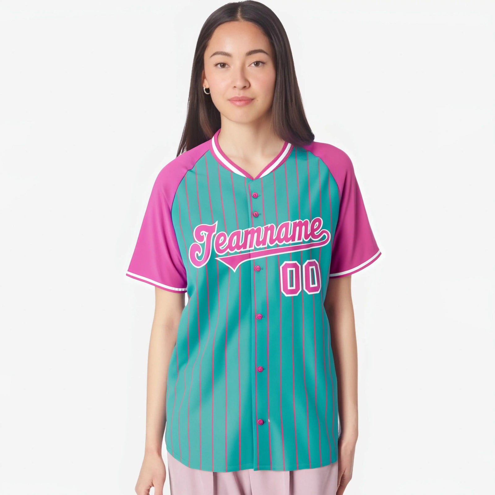 Custom Bright Green-Pink Pinstripe Authentic Raglan Sleeves Baseball Jersey