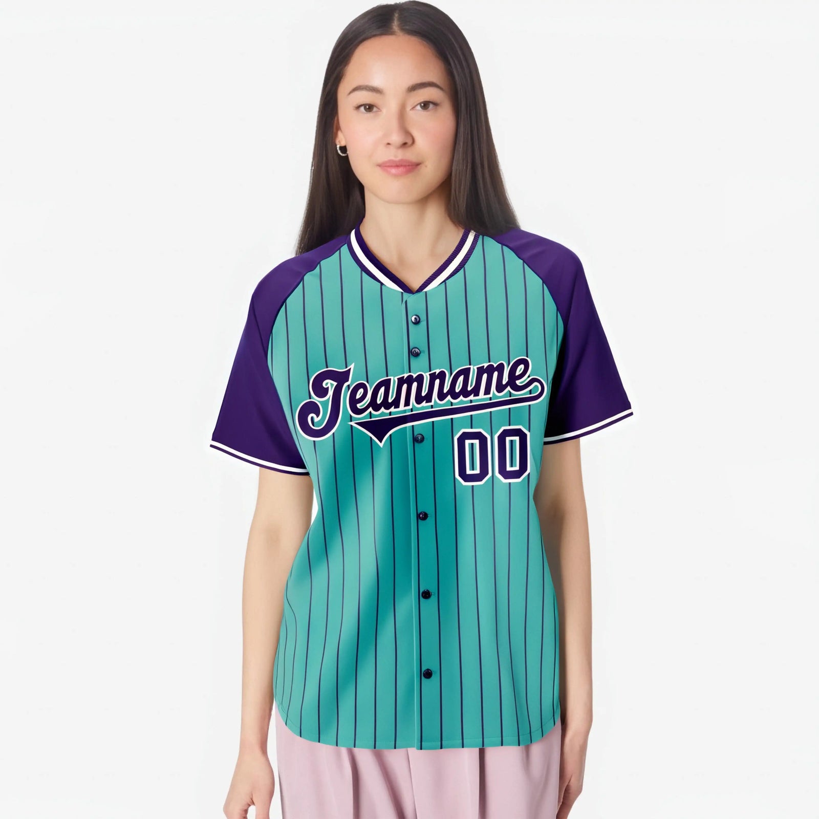Custom Bright Green-Purple Pinstripe Authentic Raglan Sleeves Baseball Jersey