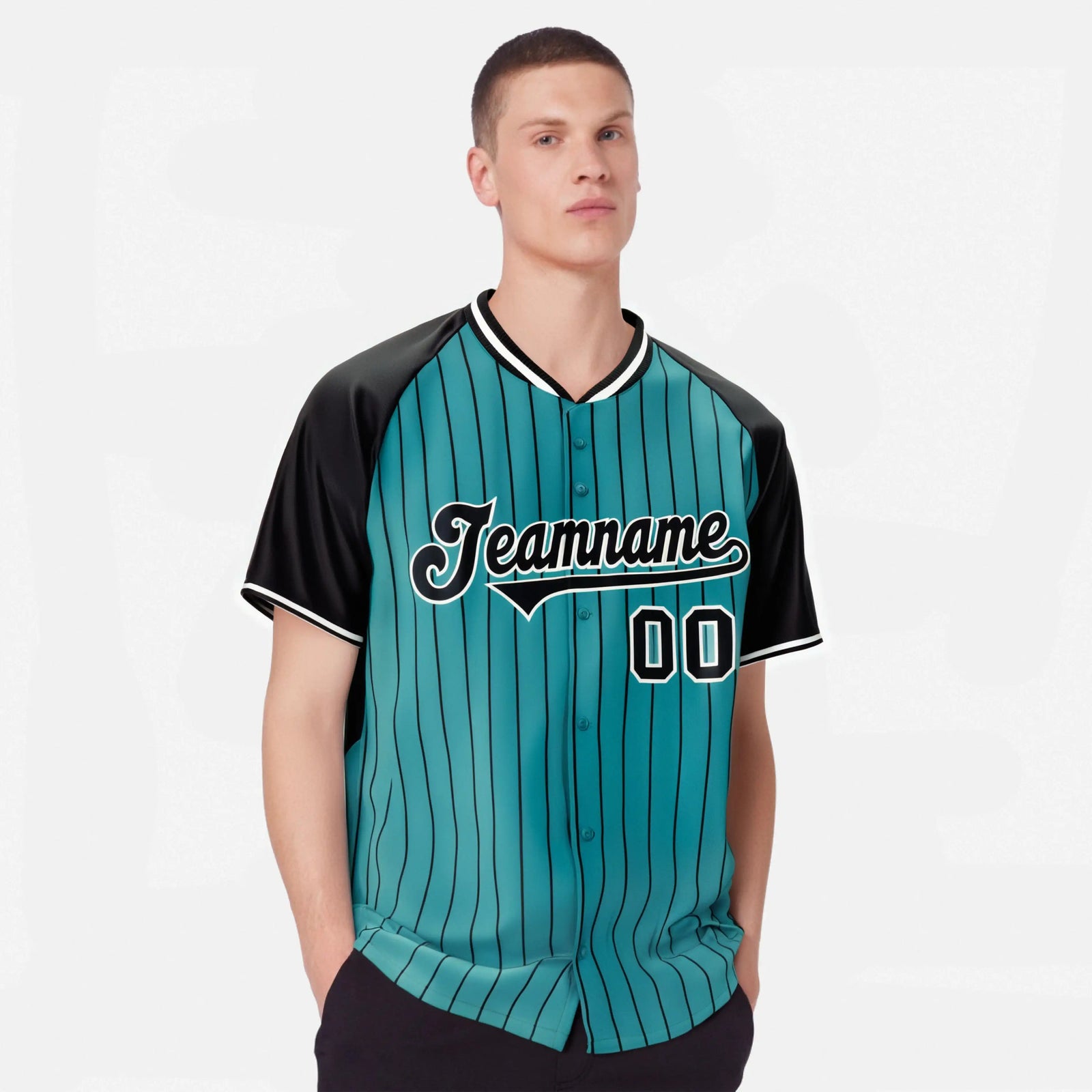 Custom Aqua Black Pinstripe Black-Aqua Authentic Raglan Sleeves Baseball Jersey