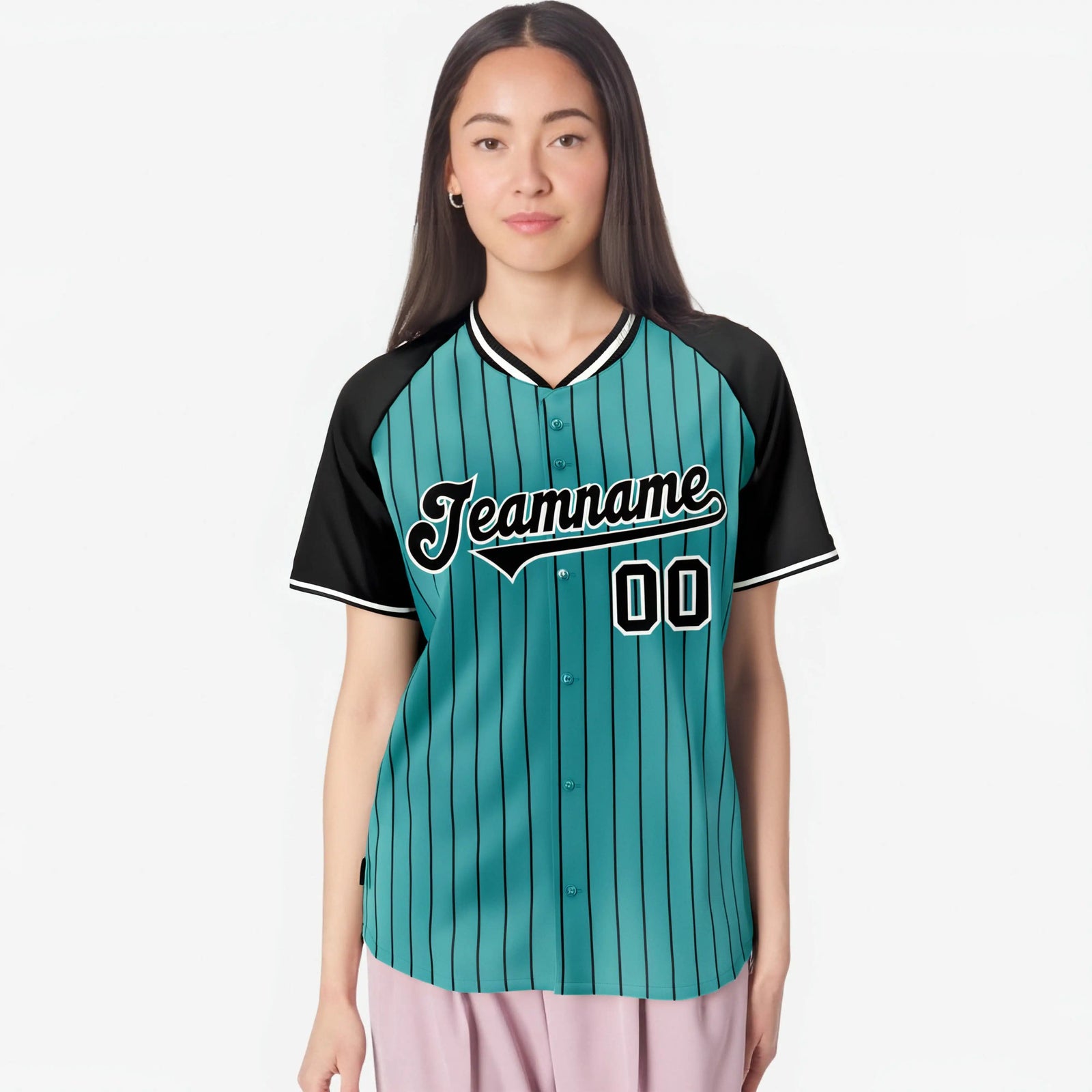 Custom Aqua Black Pinstripe Black-Aqua Authentic Raglan Sleeves Baseball Jersey