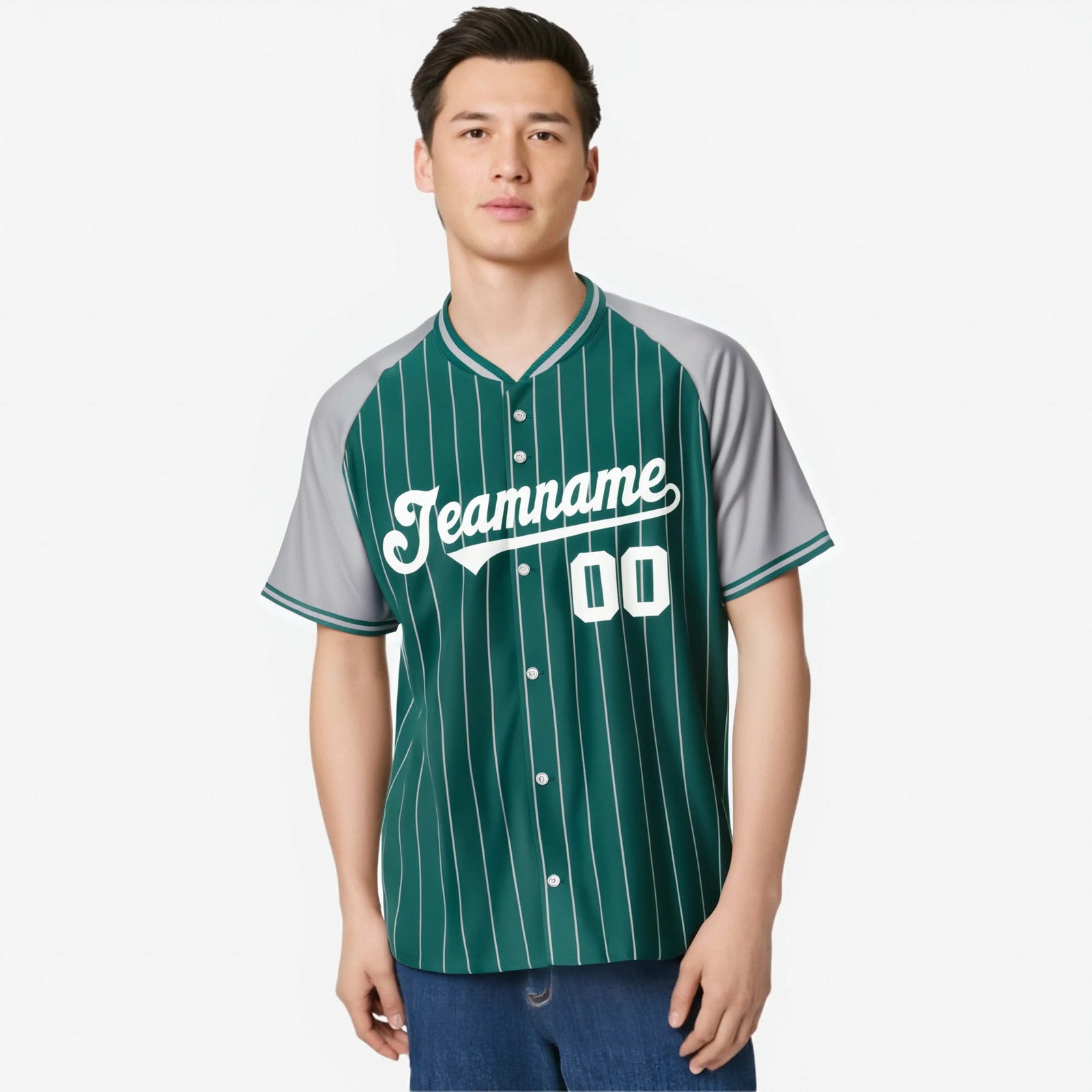 Custom Aqua Gray Pinstripe Gray-Aqua Authentic Raglan Sleeves Baseball Jersey